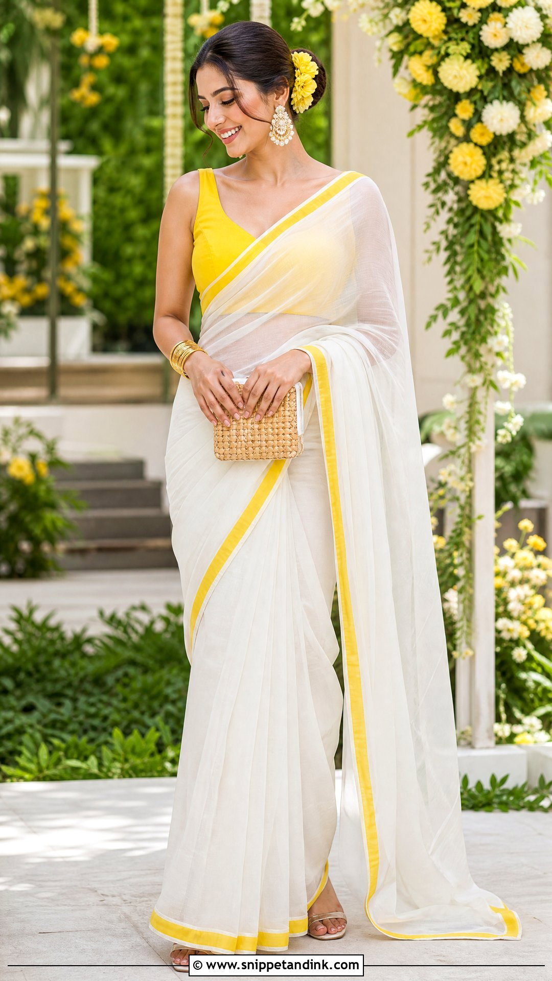 White Haldi Organza Saree With Yellow Border - Snippet and Ink - 20 White Haldi Outfit Ideas