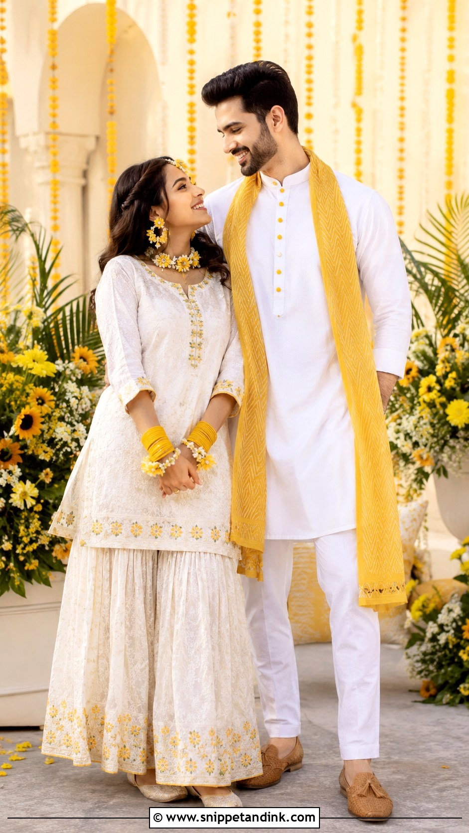 White Haldi Outfits With Yellow Accents - Snippet and Ink - 20 Haldi Outfits for Couple