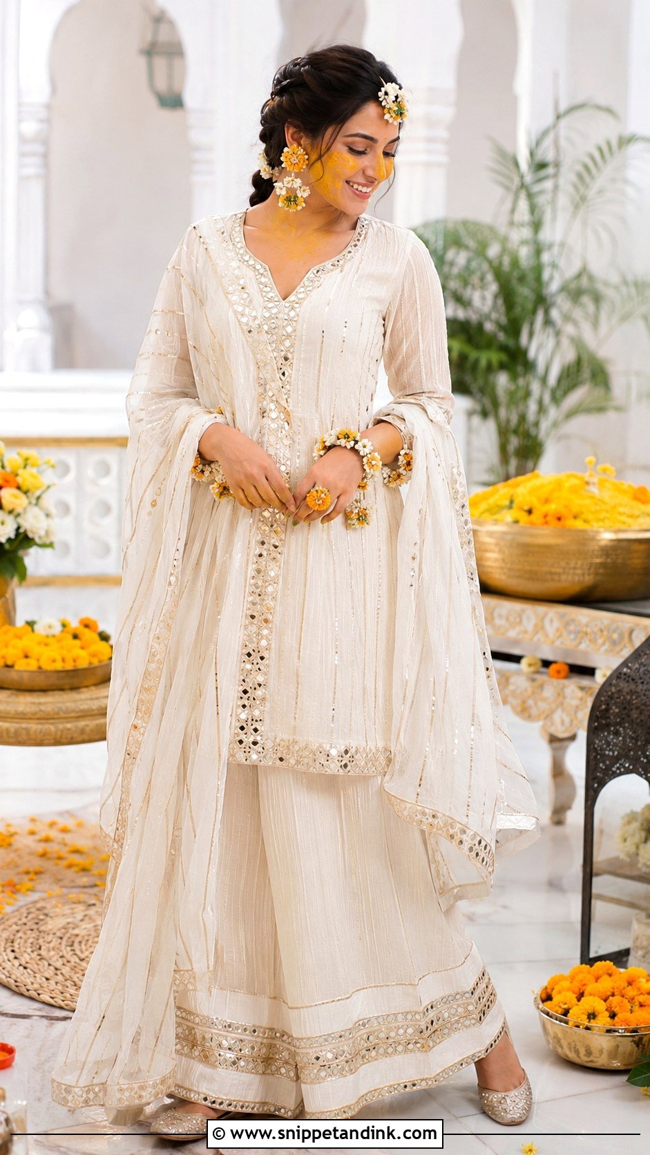 White Haldi Palazzo Suit With Gota Work - Snippet and Ink - 25 White Haldi Outfit for Bride Ideas