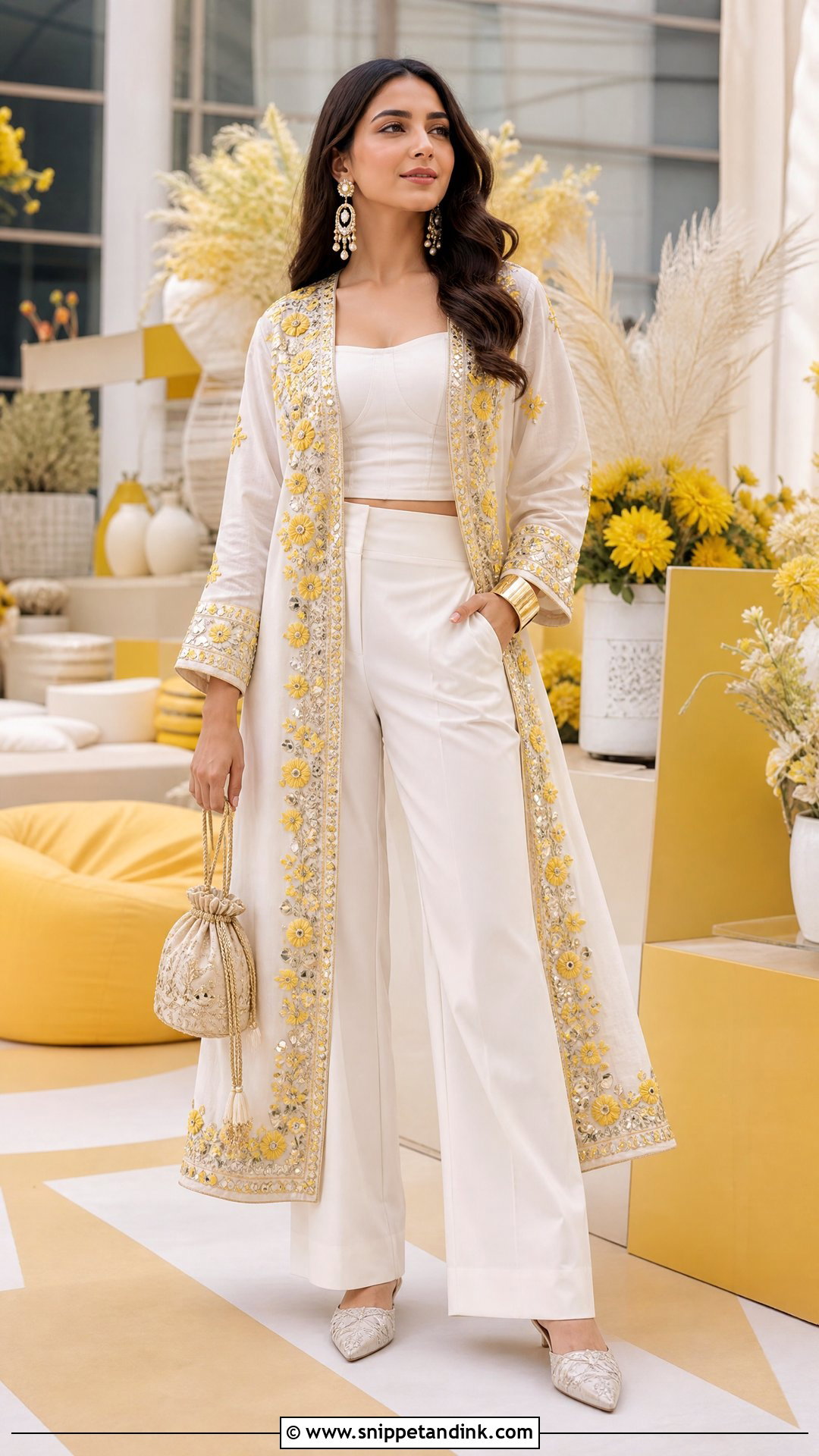 White Haldi Pants And Embroidered Jacket - Snippet and Ink - 20 White Haldi Outfit Ideas