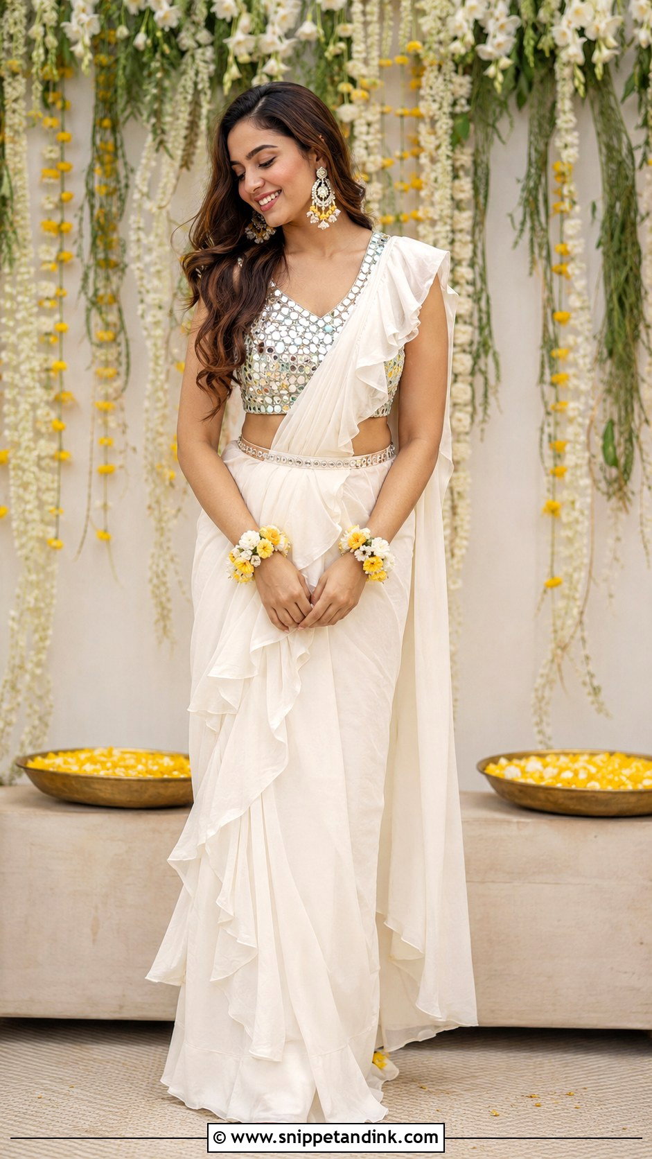 White Haldi Ruffle Saree Outfit - Snippet and Ink - 25 White Haldi Outfit for Bride Ideas