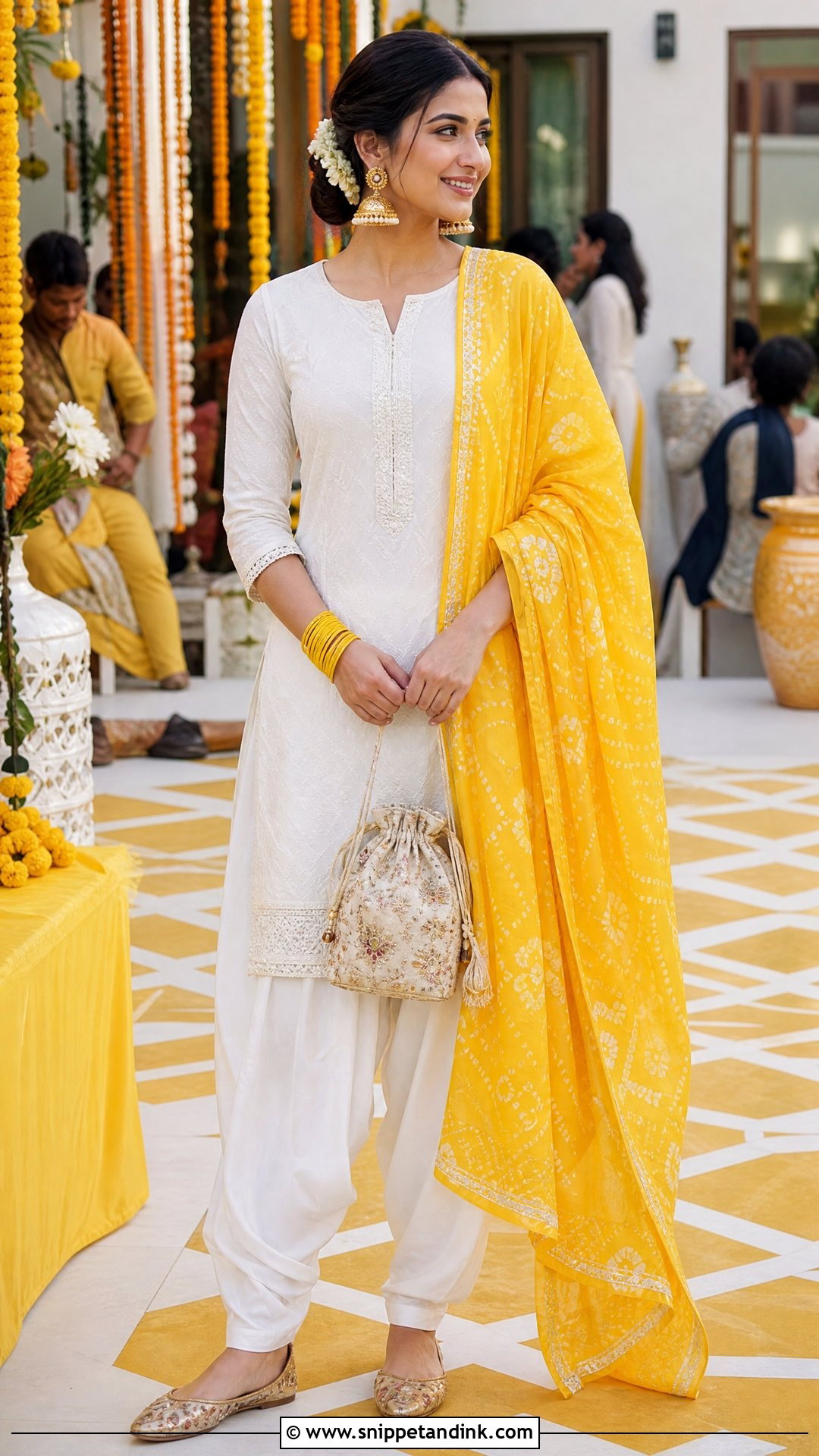 White Haldi Salwar Suit With Bandhani Dupatta - Snippet and Ink - 20 White Haldi Outfit Ideas