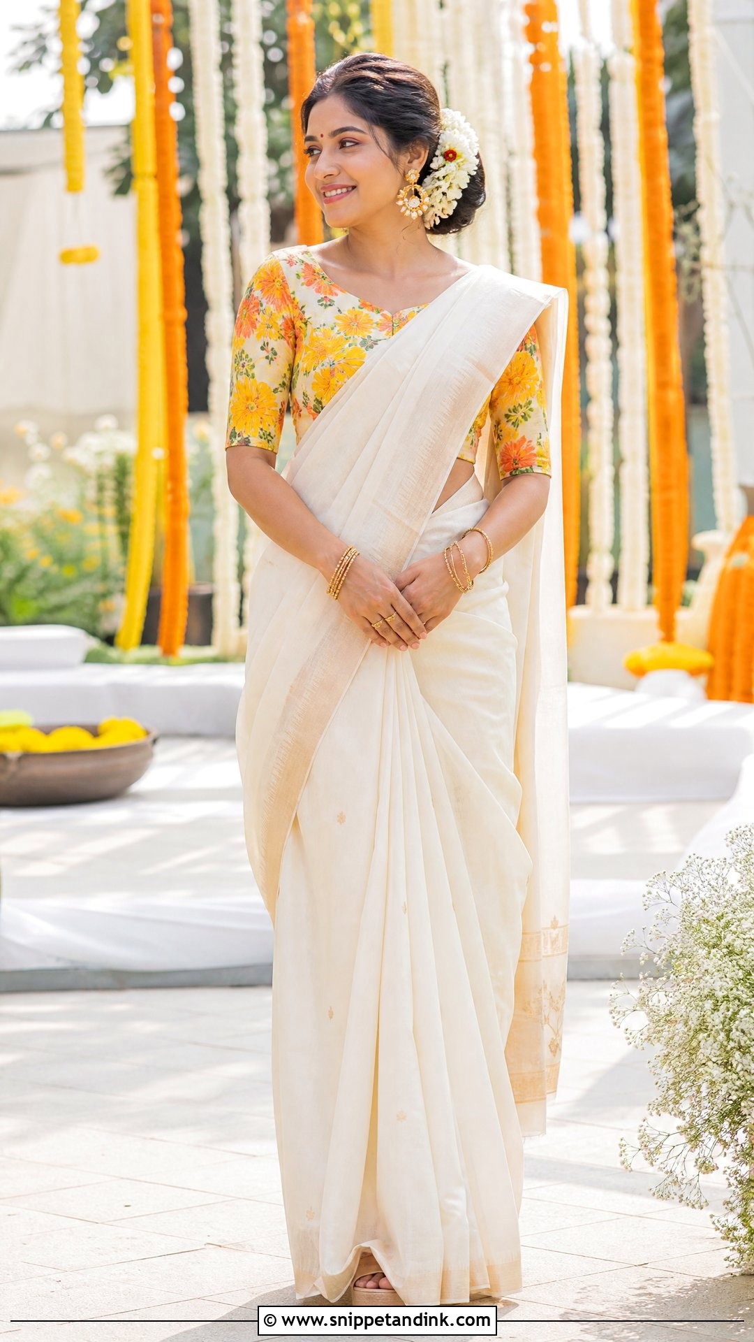 White Haldi Saree With Floral Blouse - Snippet and Ink - 20 White Haldi Outfit Ideas