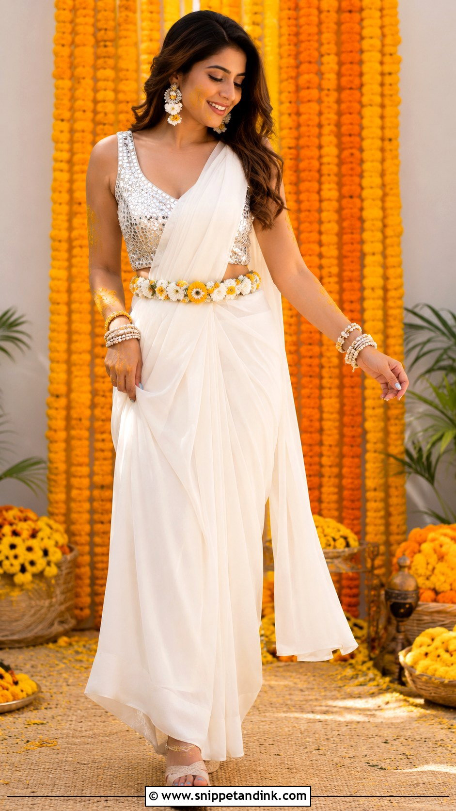 White Haldi Saree With Mirror Work Blouse - Snippet and Ink - 25 White Haldi Outfit for Bride Ideas