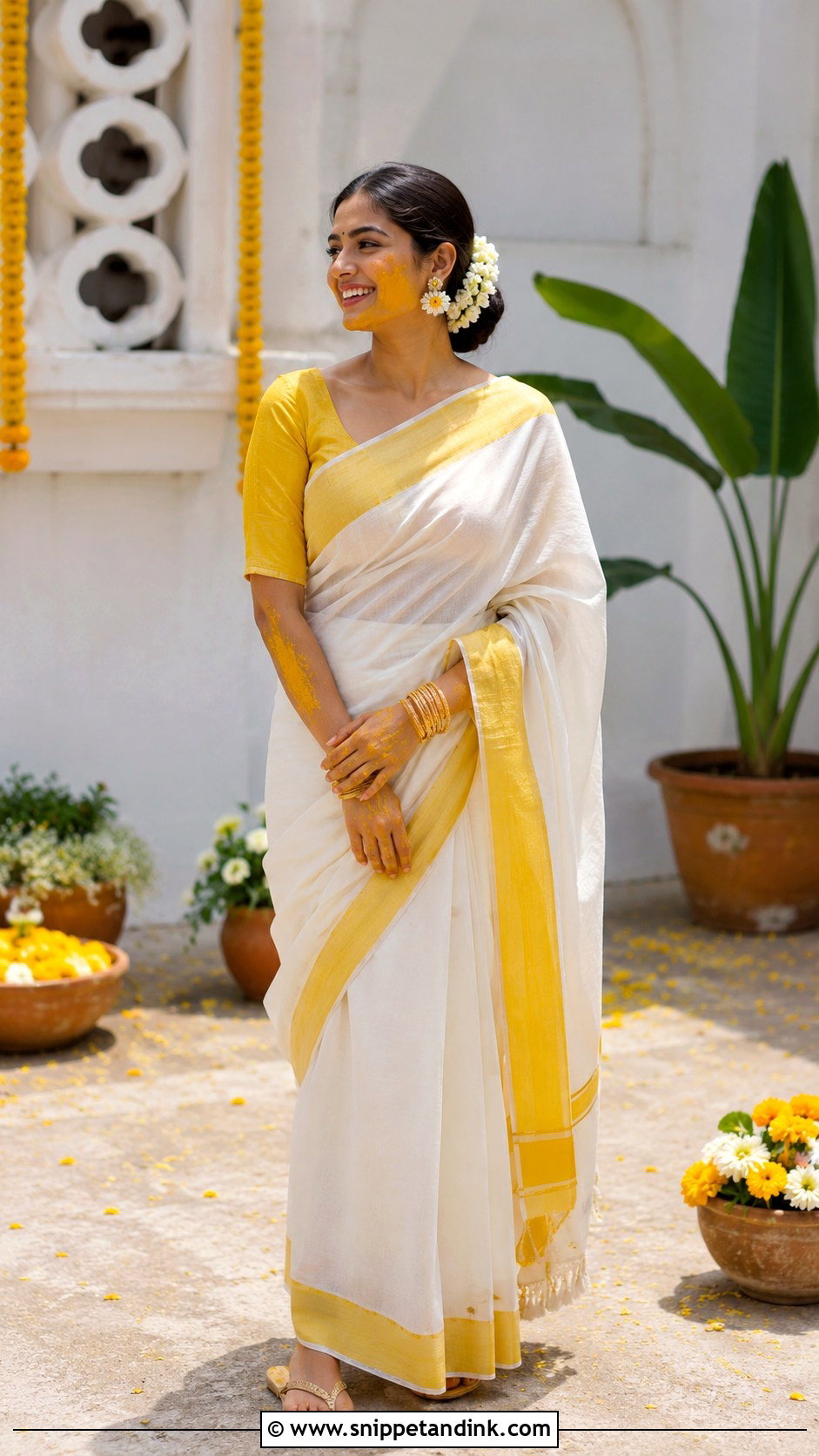 White Haldi Saree With Yellow Border - Snippet and Ink - 25 White Haldi Outfit for Bride Ideas