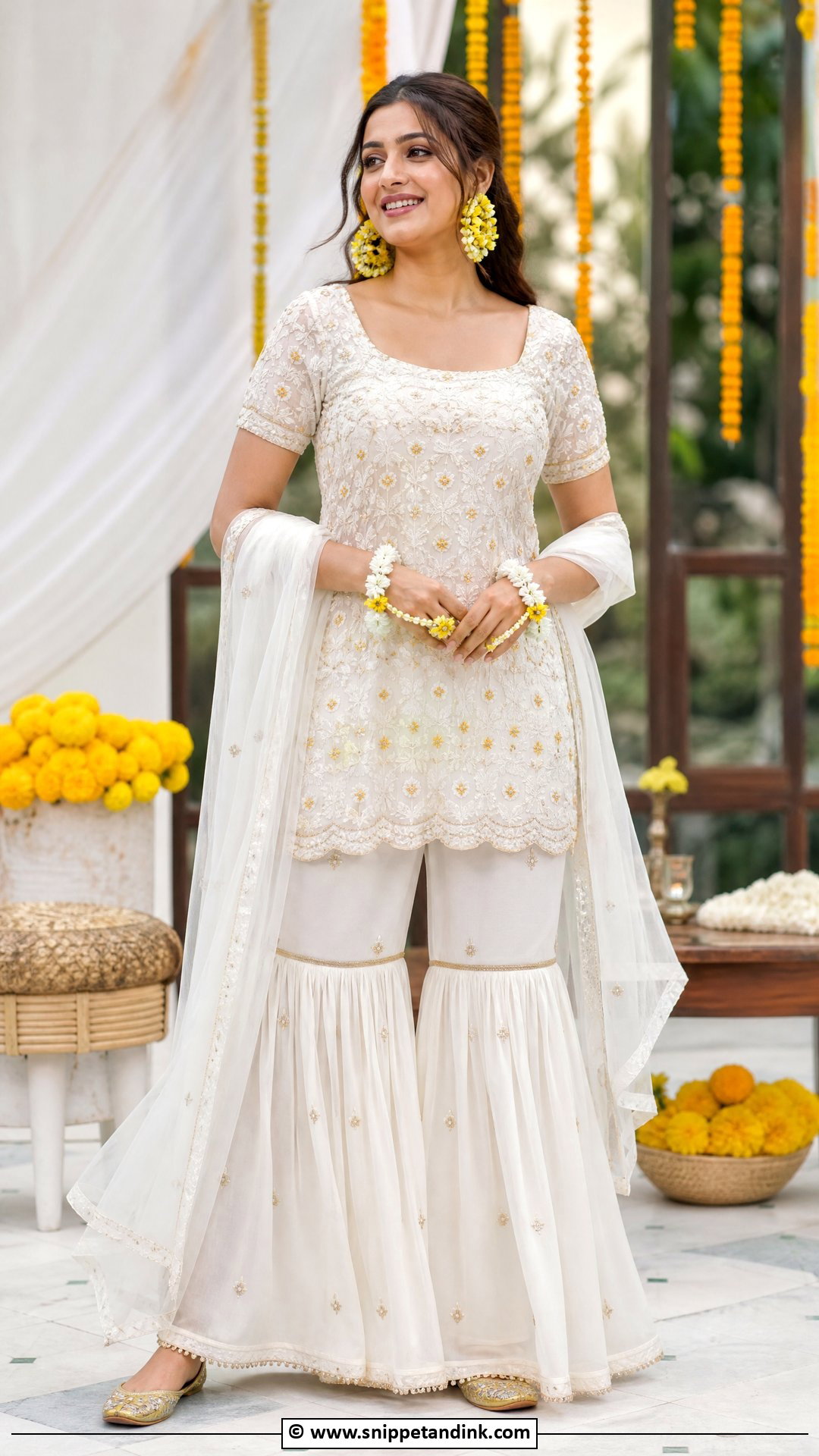 White Haldi Sharara For Bride - Snippet and Ink - 35 Haldi Dress for Bride Ideas