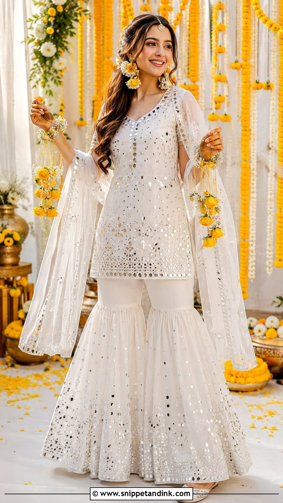 White Haldi Sharara Set With Mirror Work - Snippet and Ink - 25 White Haldi Outfit for Bride Ideas