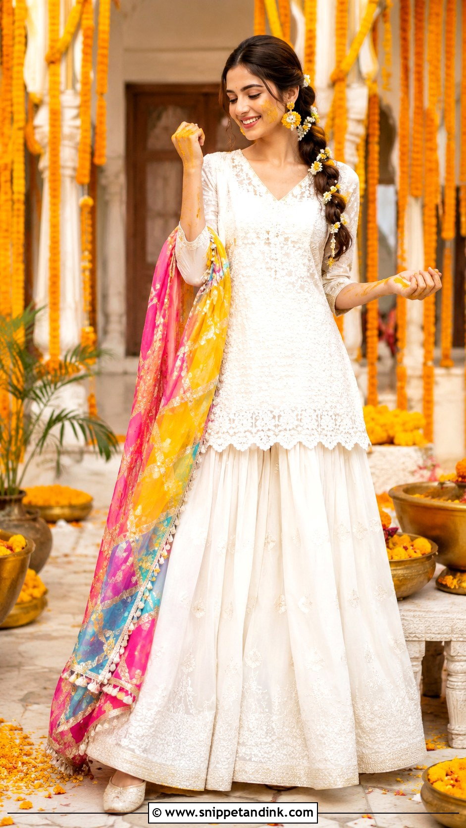White Haldi Short Kurti With Lehenga Skirt - Snippet and Ink - 25 White Haldi Outfit for Bride Ideas