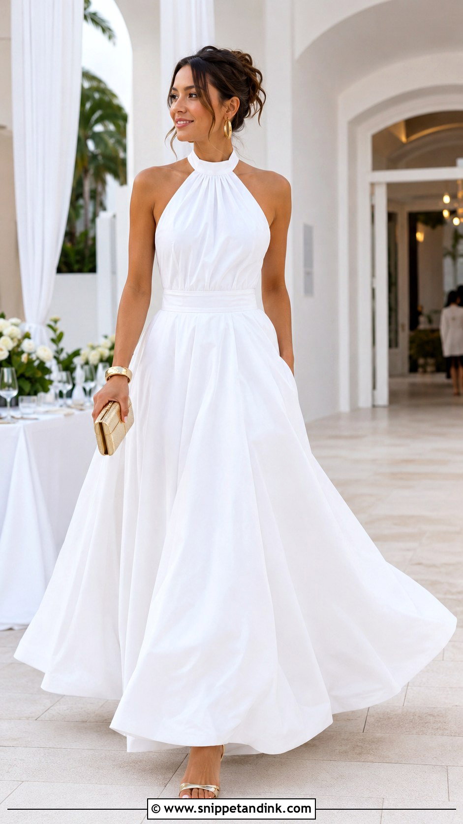 White Halter Ball Gown With Gold Jewelry - Snippet and Ink - 25 White Ball Gown Ideas