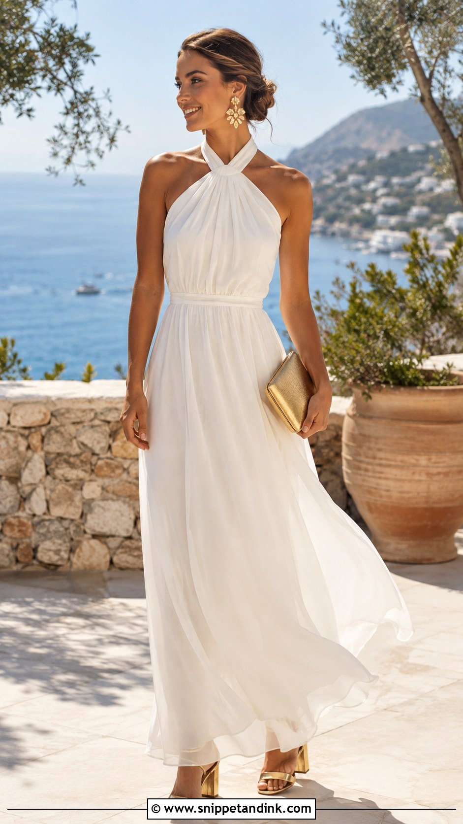 White Halter Maxi Bridal Party Dress With Metallic Accessories - Snippet and Ink - 20 Bridal Party Dress for Bride Ideas