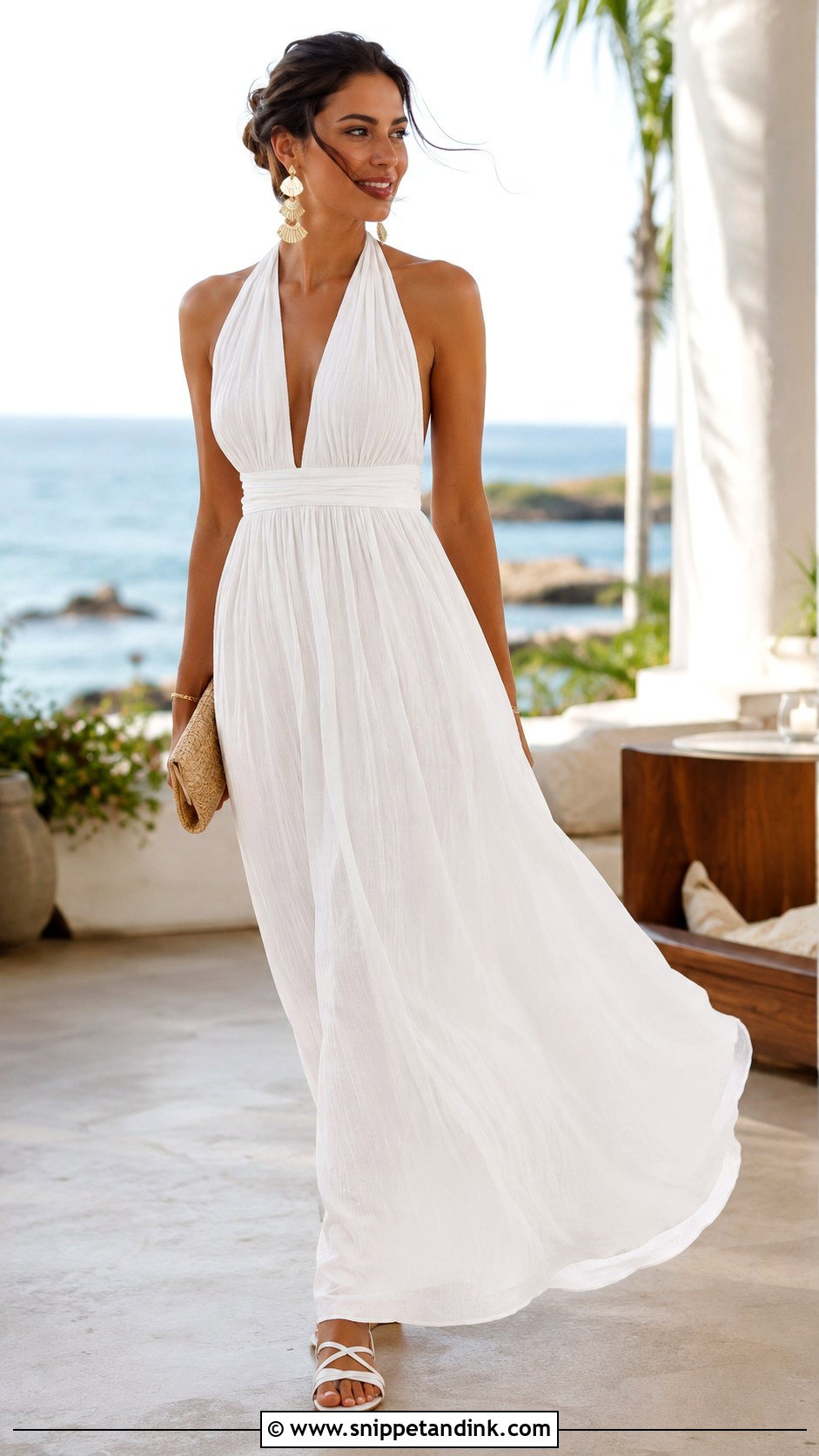 White Halter Maxi Dress Outfit - Snippet and Ink - 20 All White Bachelorette Party Outfit Ideas