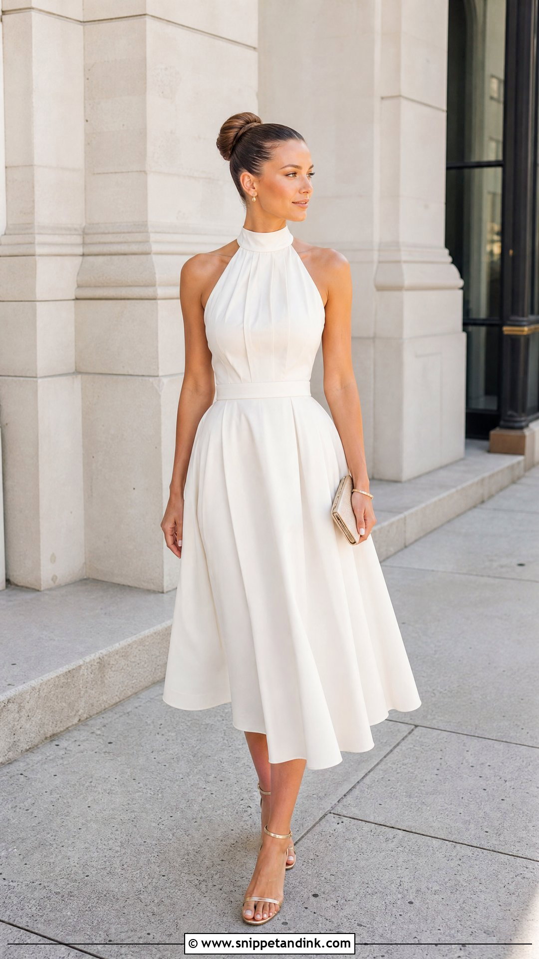 White Halter Neck Dress With Metallic Sandals - Snippet and Ink - 20 Simple White Dress for Civil Wedding Ideas