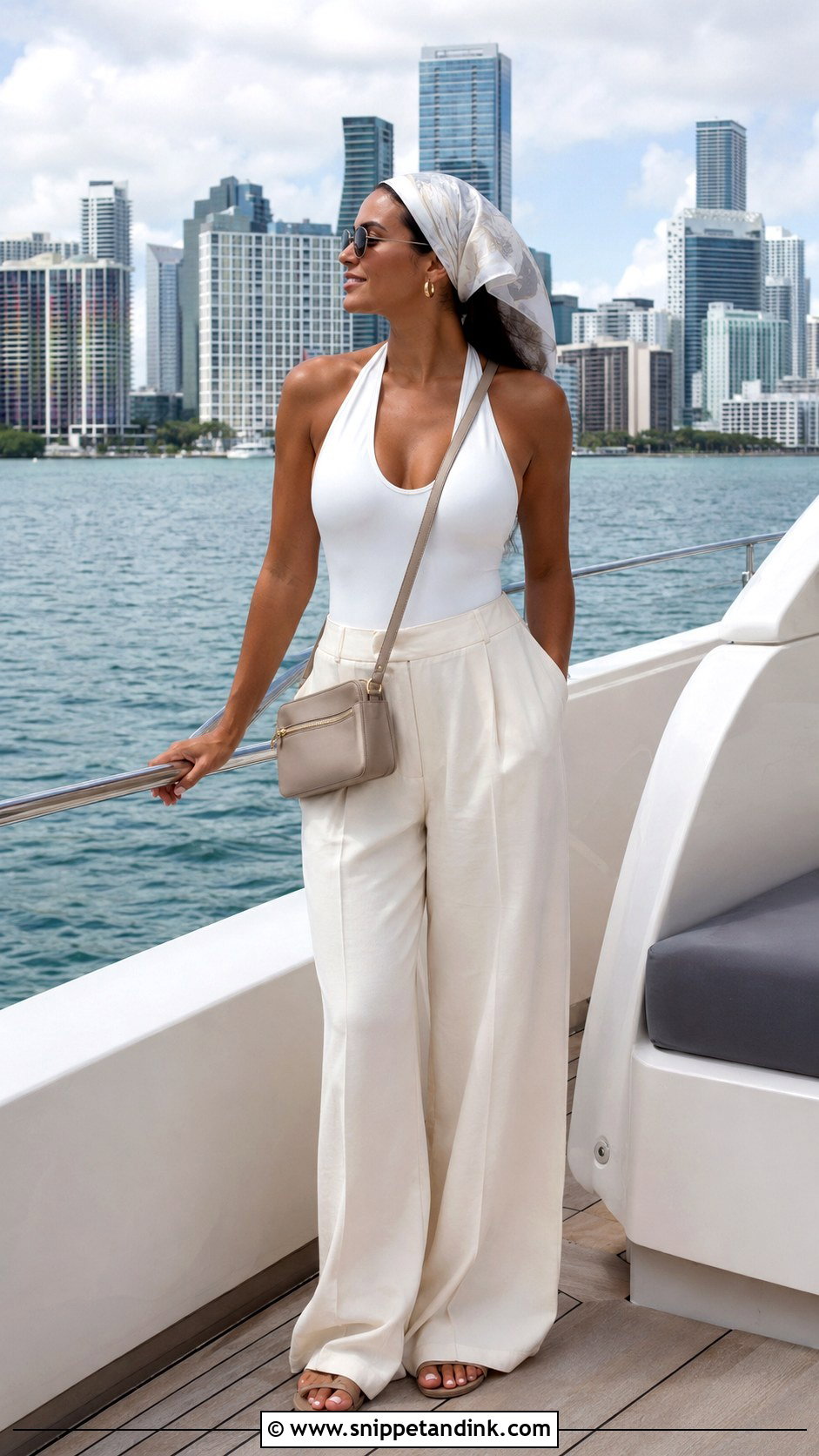 White Halter Top And Palazzo Pants Miami Yacht Outfit - Snippet and Ink - 20 Miami Bachelorette Party Outfits