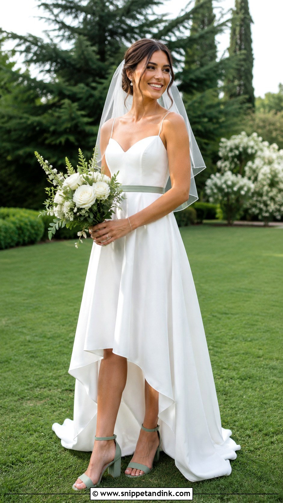 White High Low Wedding Dress With Sage Green Shoes - Snippet and Ink - 20 White and Green Wedding Dress Ideas