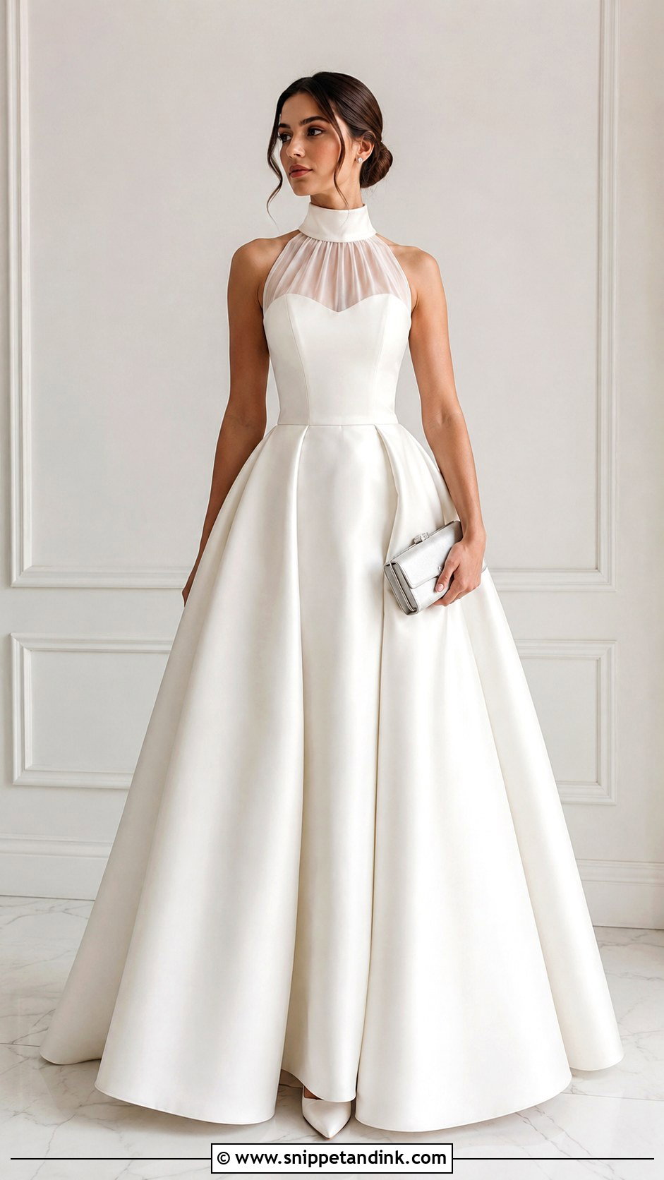 White High Neck Ball Gown With Sleek Bun - Snippet and Ink - 25 White Ball Gown Ideas