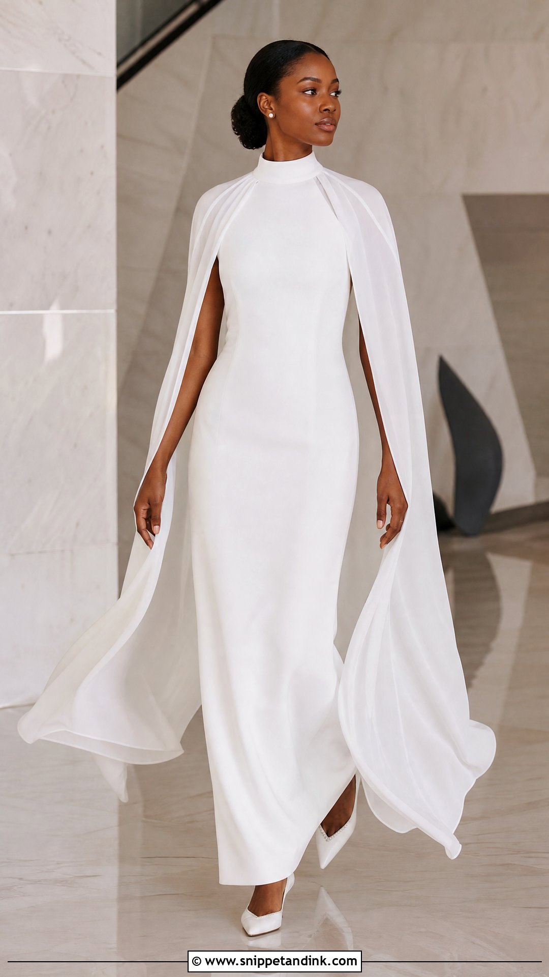 White High Neck Column Wedding Dress With Bridal Cape - Snippet and Ink - 20 White Wedding Dresses Black Women