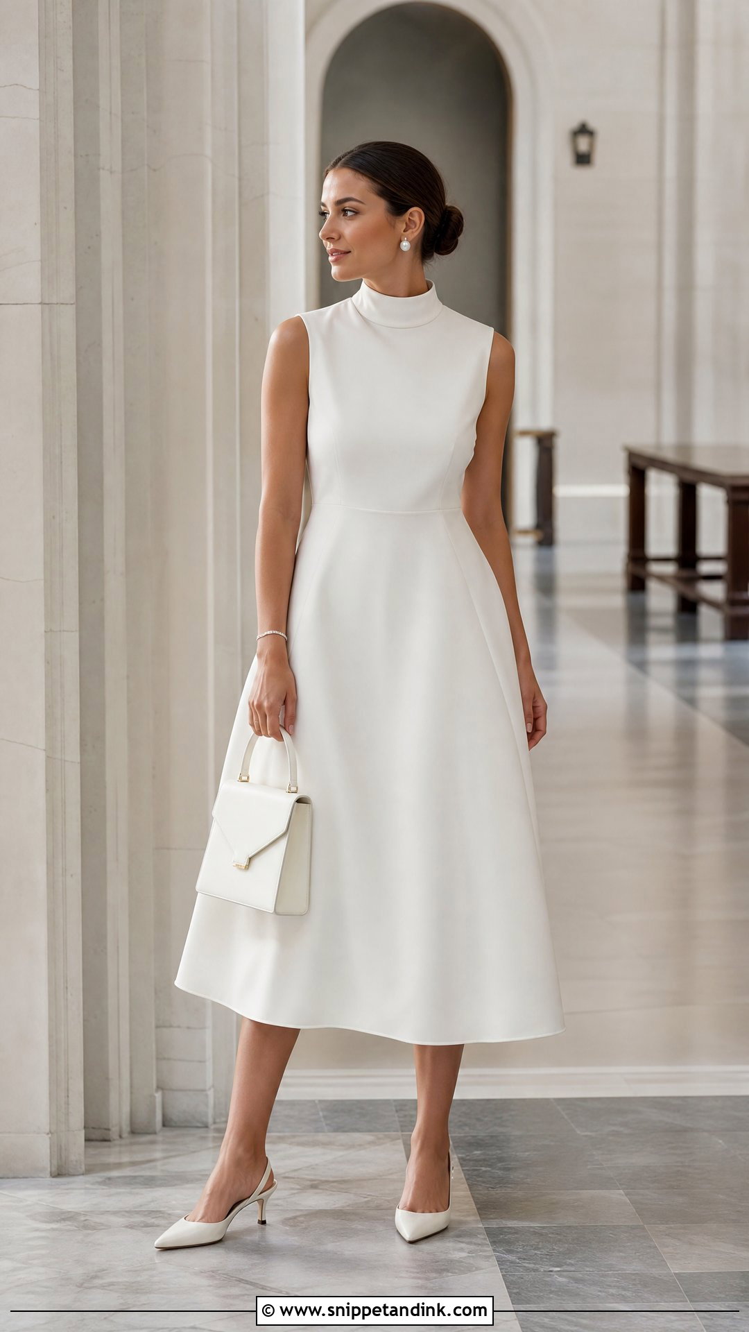 White High Neck Dress With Pearl Earrings - Snippet and Ink - 20 Simple White Dress for Civil Wedding Ideas