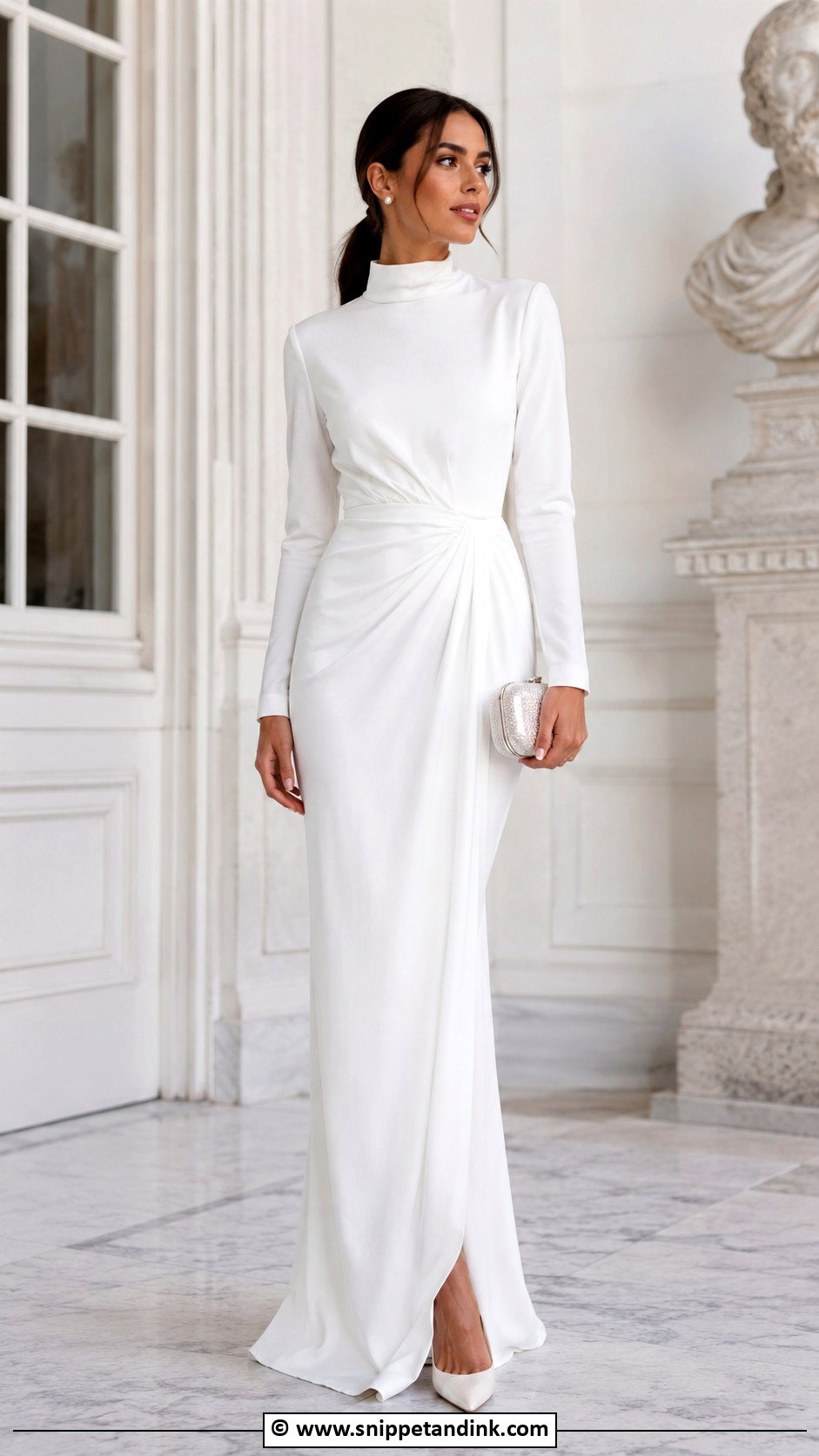 White High Neck Gown With Pearl Studs - Snippet and Ink - 30 Elegant Classy White Gowns