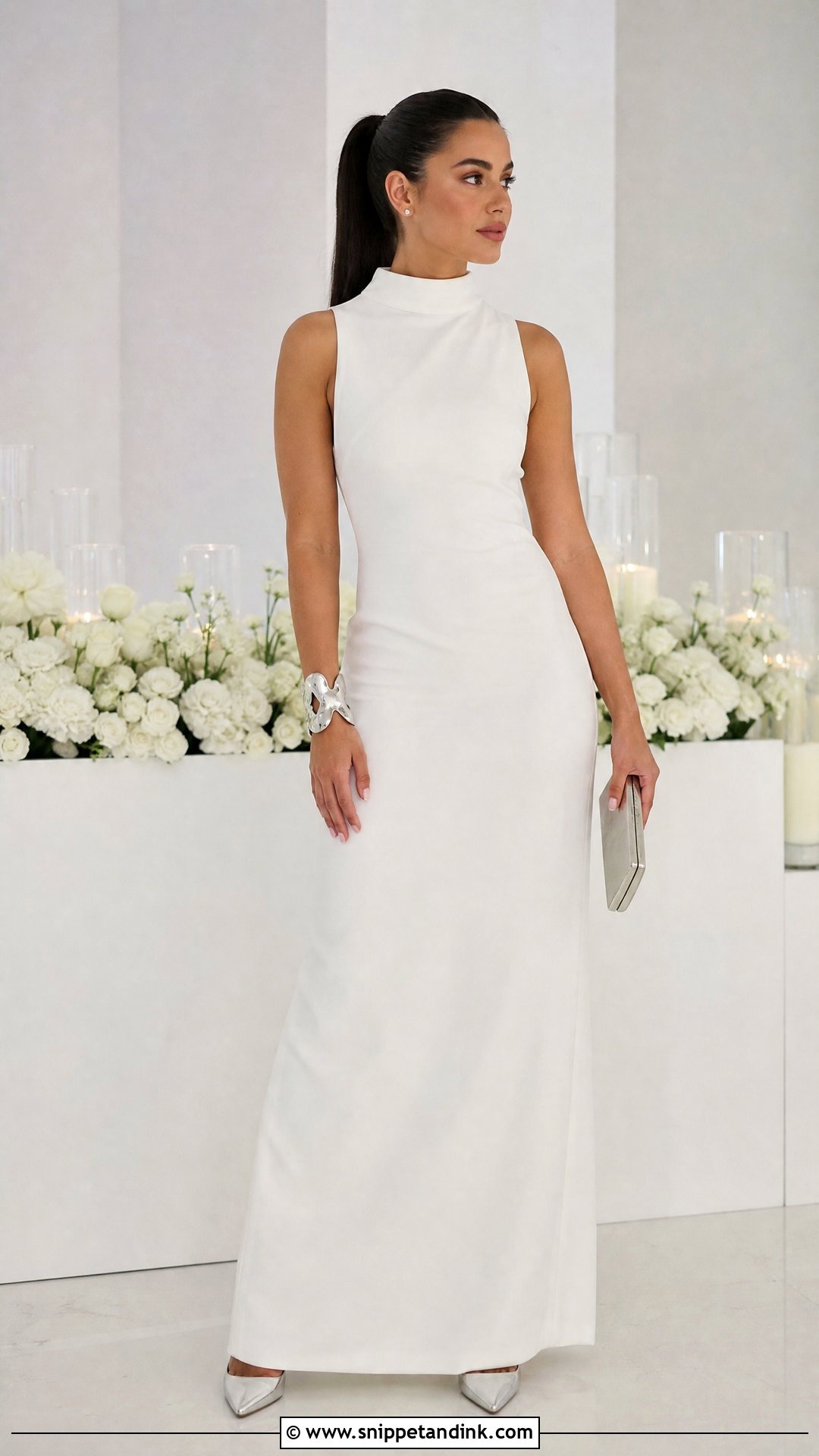 White High Neck Gown With Statement Cuff - Snippet and Ink - 25 Simple White Gown Ideas