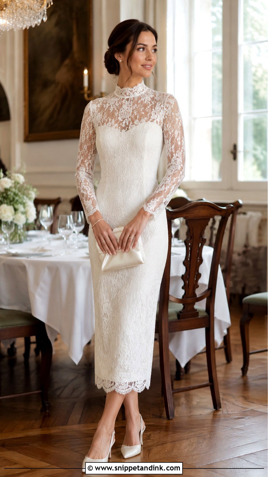 White High Neck Lace Fall Rehearsal Dinner Dress - Snippet and Ink - 20 Fall Rehearsal Dinner Dress for Bride Ideas