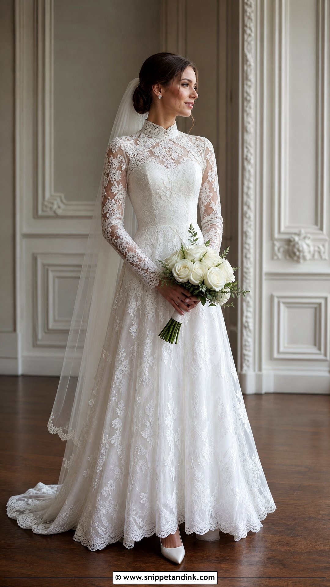White High Neck Wedding Dress With Vintage Floral Lace - Snippet and Ink - 20 White Wedding Dress with Flowers