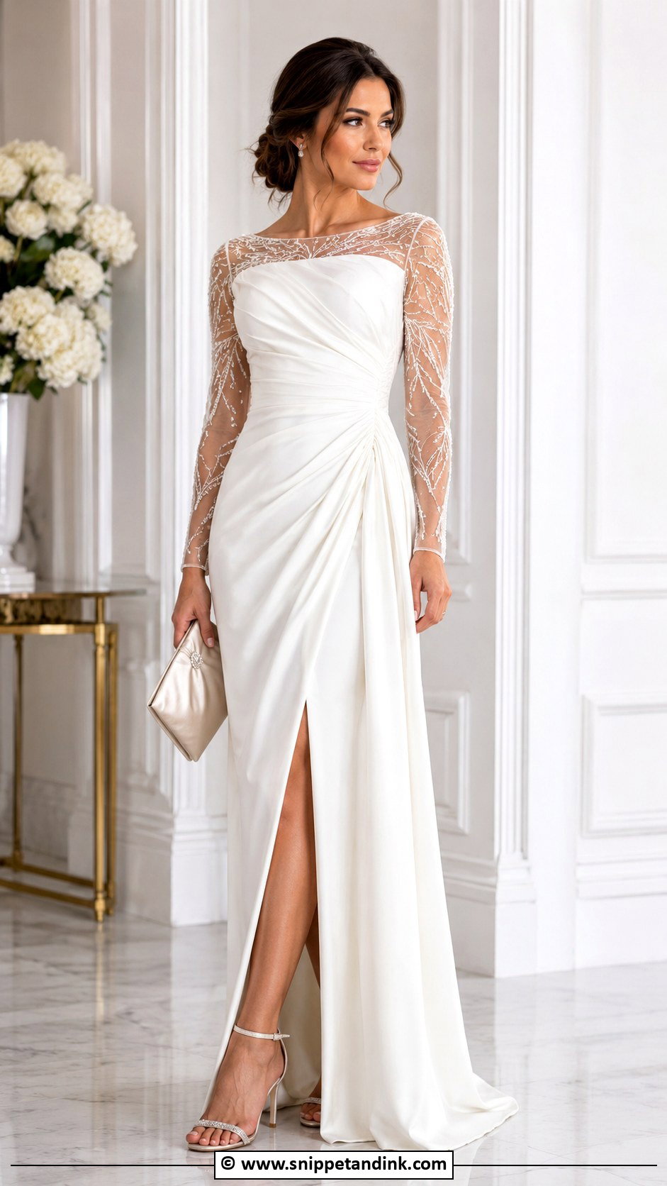 White Illusion Sleeve Gown With Satin Clutch - Snippet and Ink - 30 Elegant Classy White Gowns