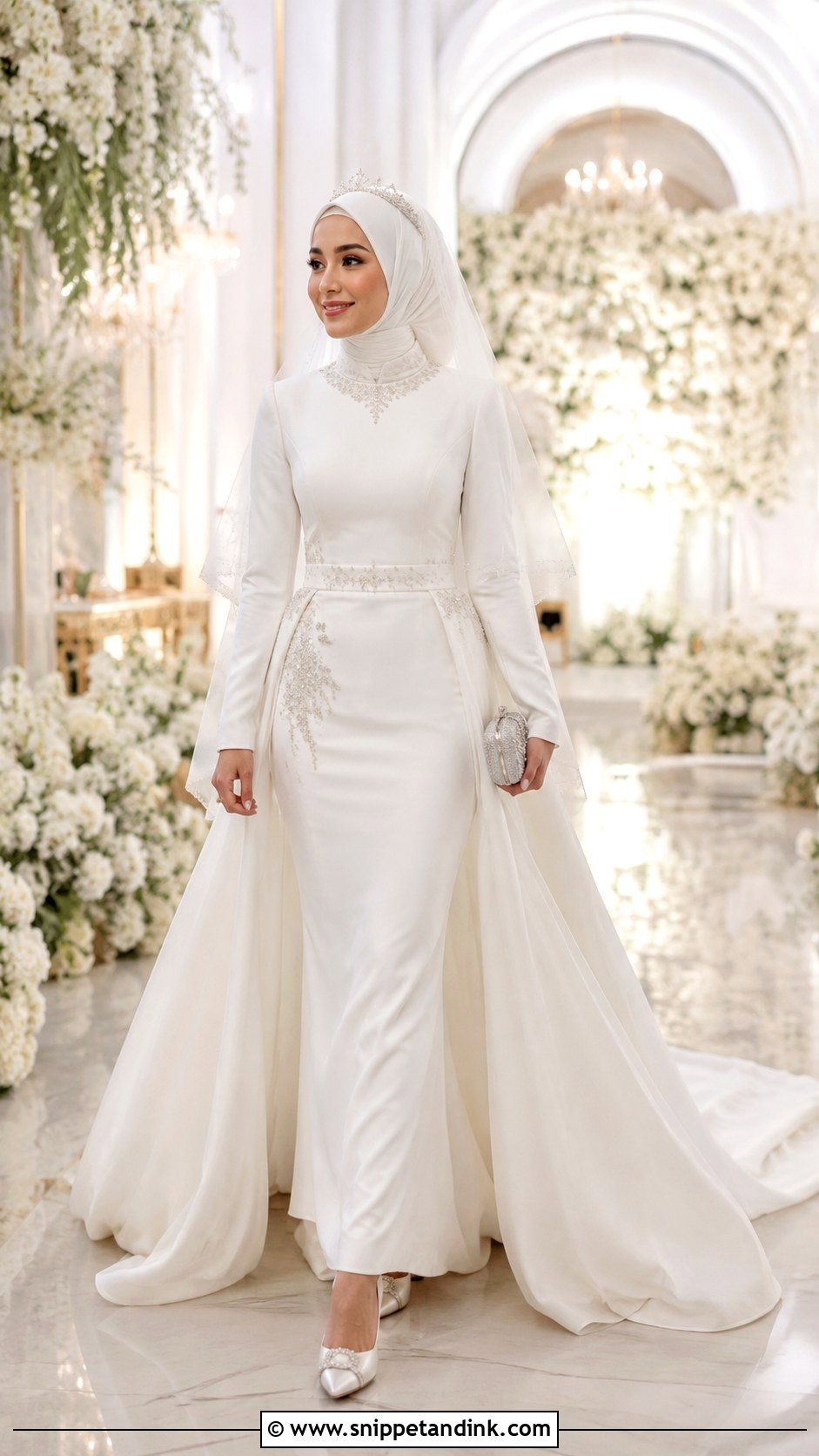 White Islamic Bridal Gown With Detachable Train - Snippet and Ink - 20 Islamic Bride Dress Ideas