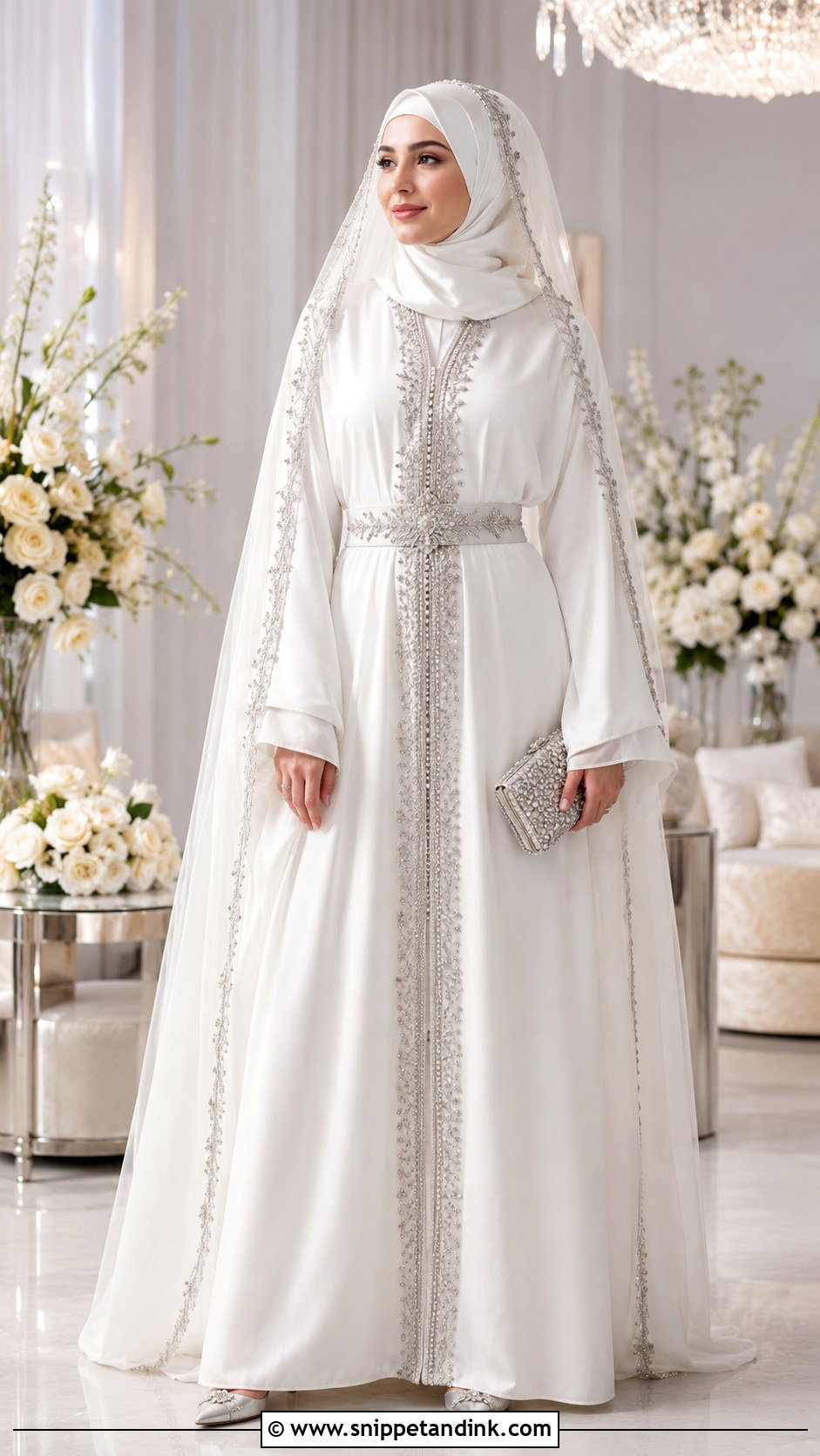 White Islamic Bridal Kaftan With Silver Beading - Snippet and Ink - 20 Islamic Bride Dress Ideas