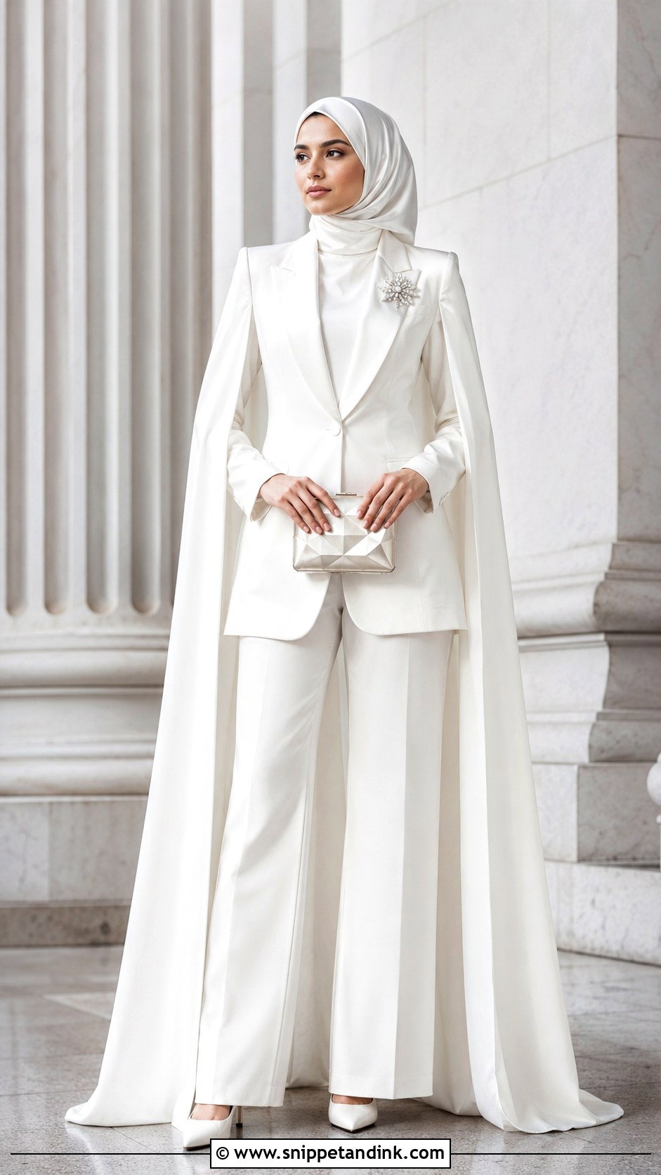 White Islamic Bridal Pantsuit With Long Cape - Snippet and Ink - 20 Islamic Bride Dress Ideas