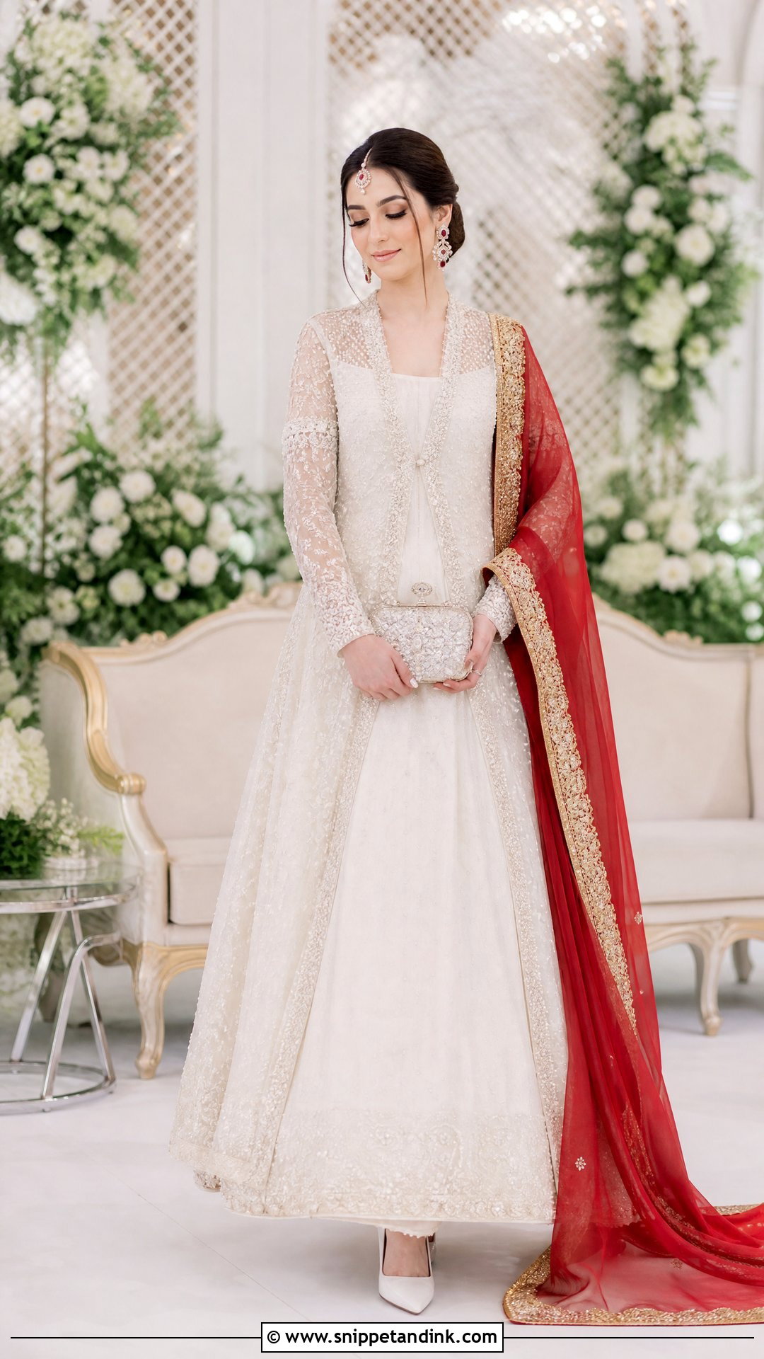 White Jacket Lehenga With Red Dupatta - Snippet and Ink - 20 White Nikkah Dress with Red Dupatta Ideas