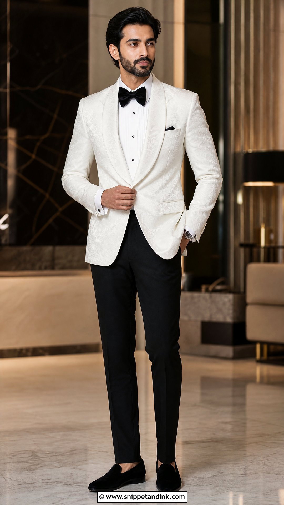 White Jacquard Dinner Jacket Wedding Outfit - Snippet and Ink - 20 White Dinner Jacket Wedding Ideas