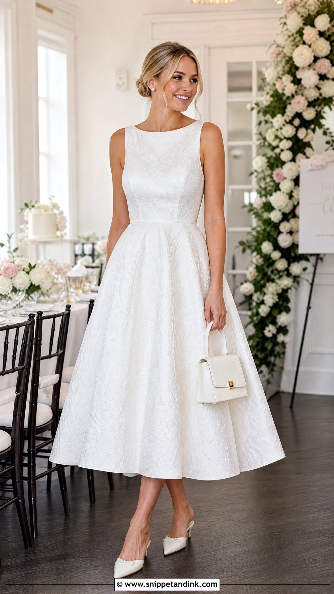 White Jacquard Tea Length Dress - Snippet and Ink - 20 Pre Wedding White Dress Ideas