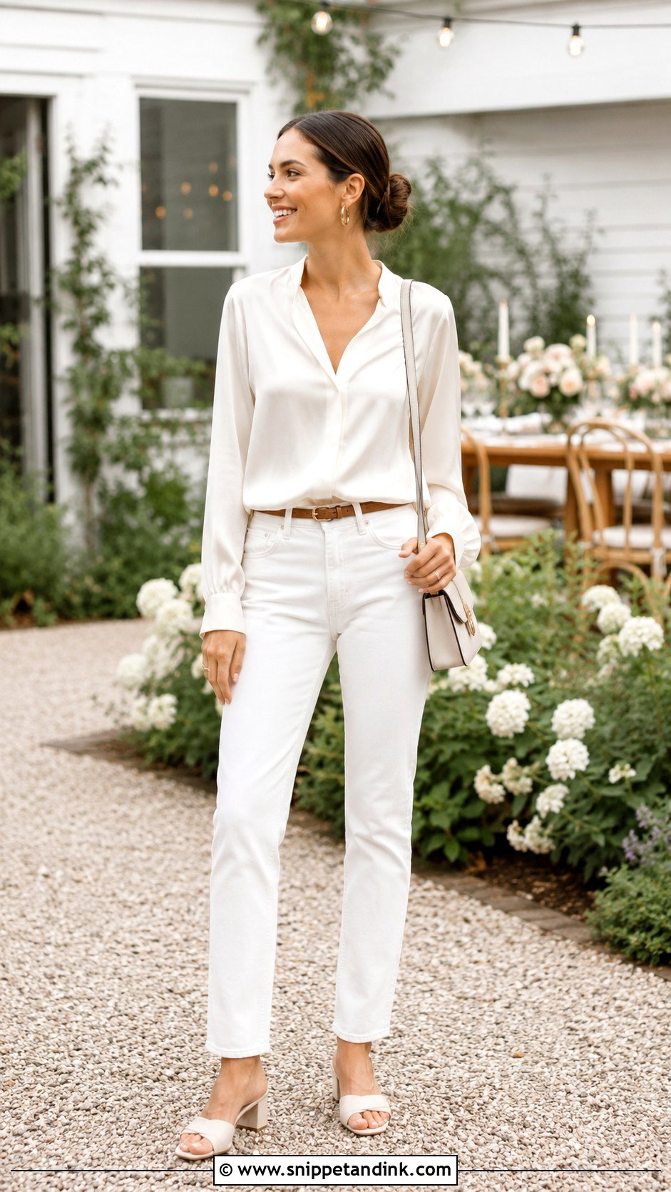 White Jeans And Silk Blouse Outfit - Snippet and Ink - 20 Night Before Wedding Outfit Ideas
