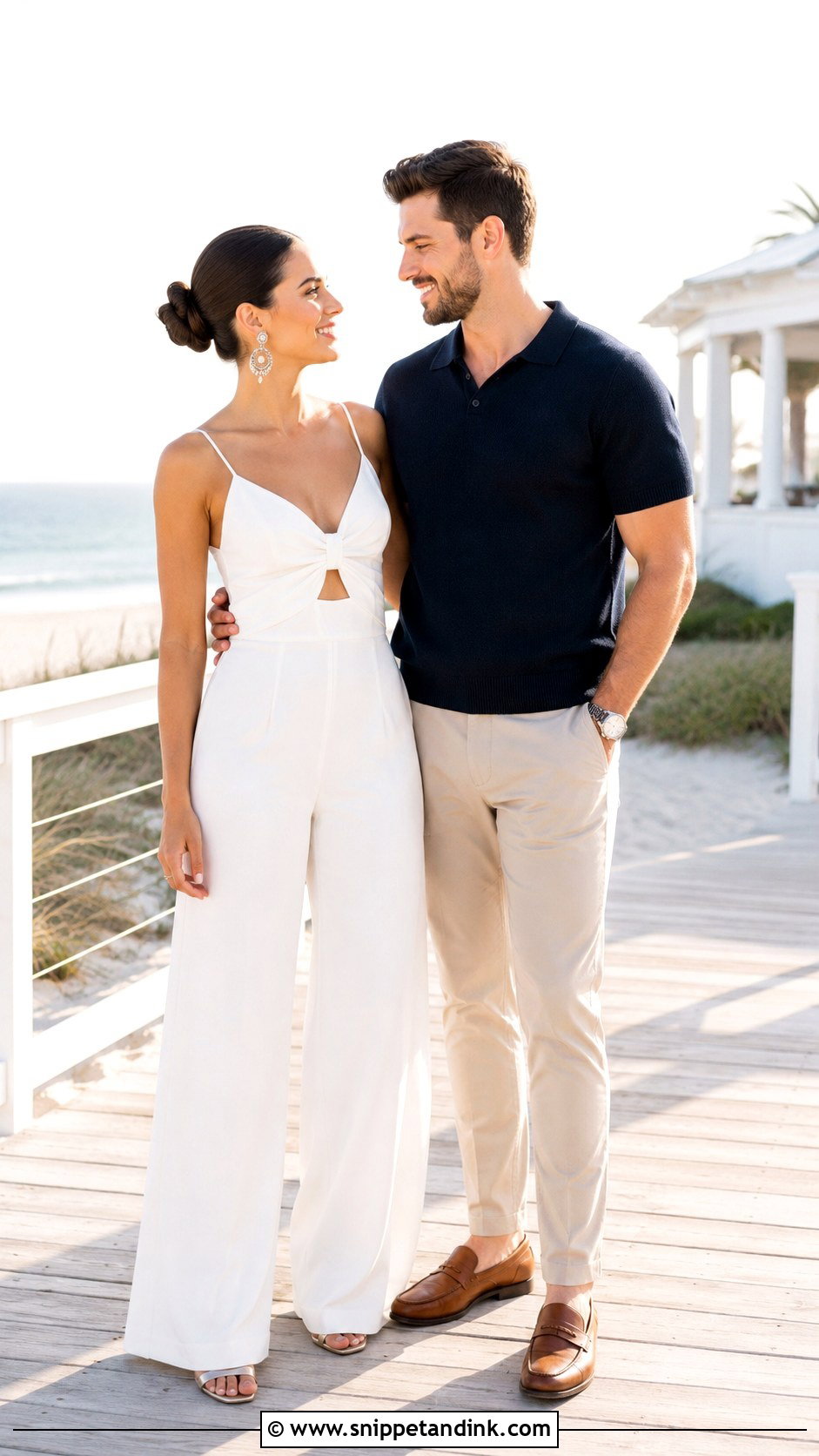White Jumpsuit And Navy Casual Outfit - Snippet and Ink - 20 Beach Pre Wedding Shoot Outfit Ideas