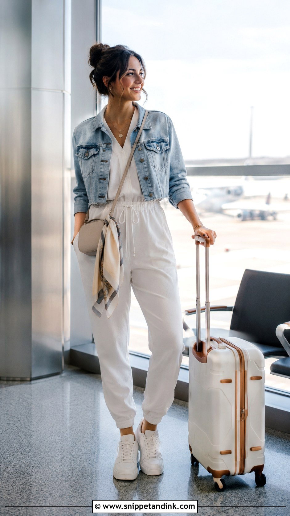 White Jumpsuit And Sneakers Bride Airport Outfit - Snippet and Ink - 20 Bride Airport Outfit Ideas