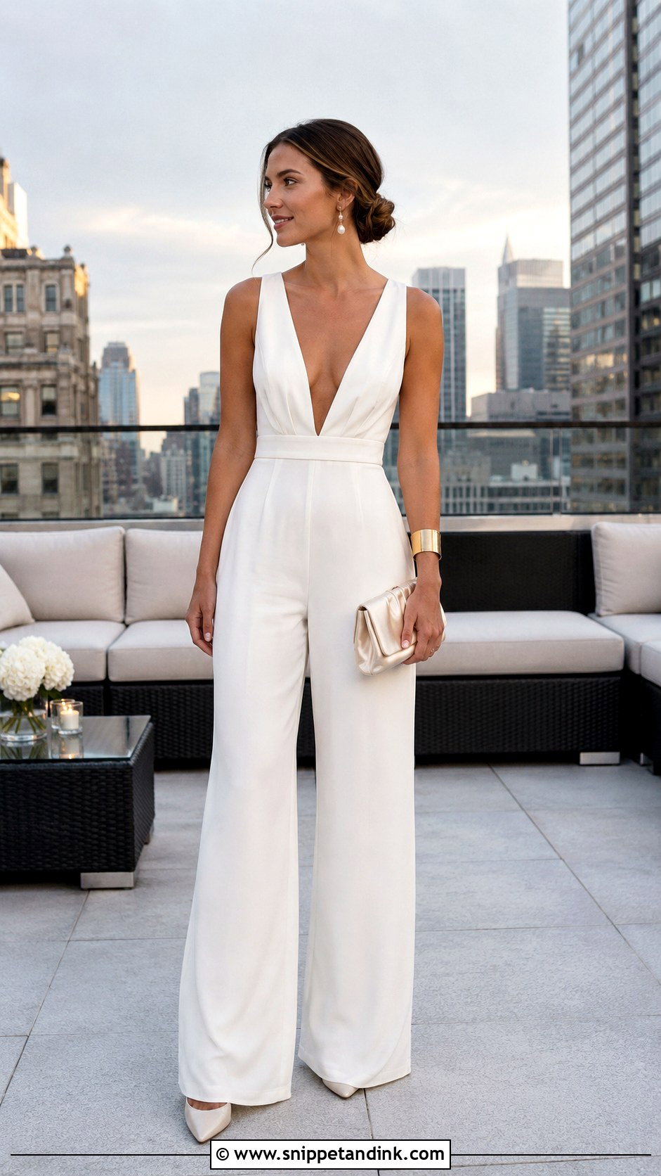 White Jumpsuit Rehearsal Dinner Outfit - Snippet and Ink - 25 Rehearsal Dinner Outfits