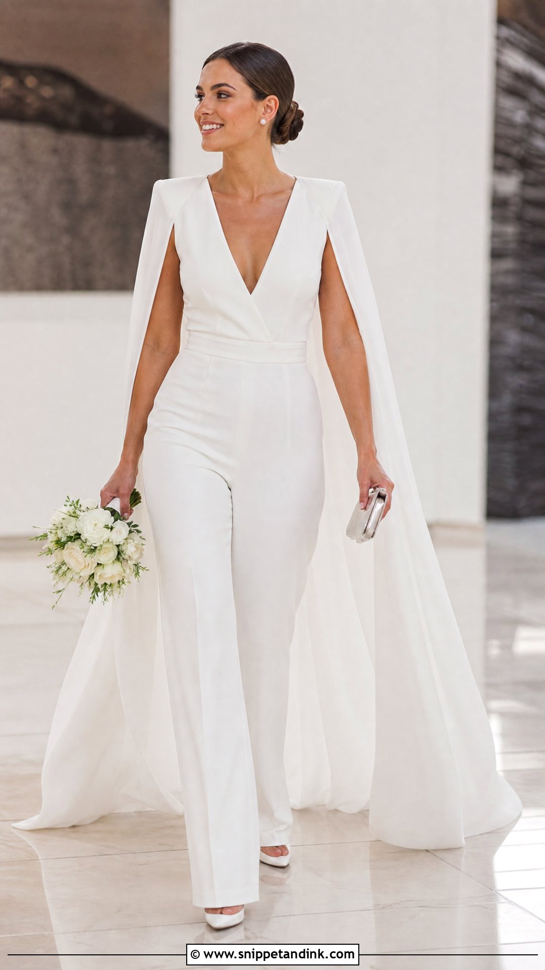 White Jumpsuit With Cape Bridal Outfit - Snippet and Ink - 20 White Bridal Outfits