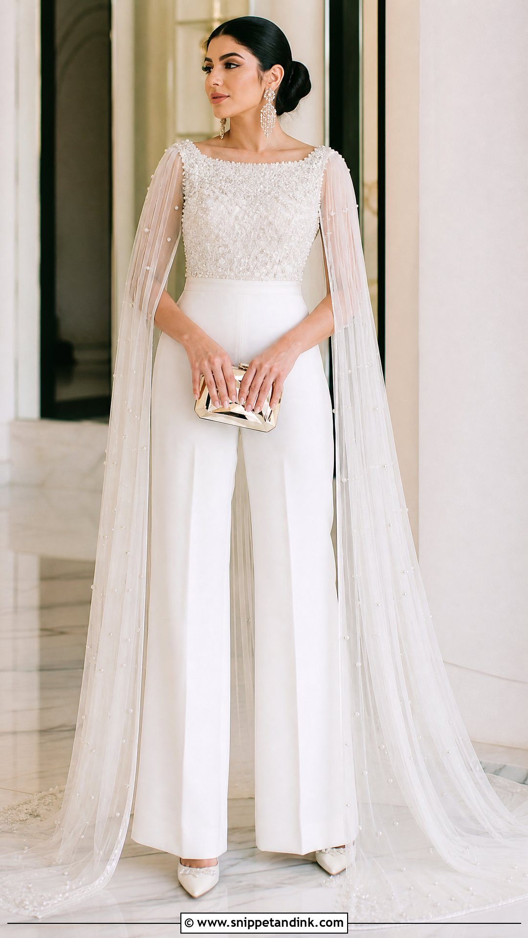 White Jumpsuit With Cape Ring Ceremony Dress - Snippet and Ink - 25 Ring Ceremony Dress Ideas