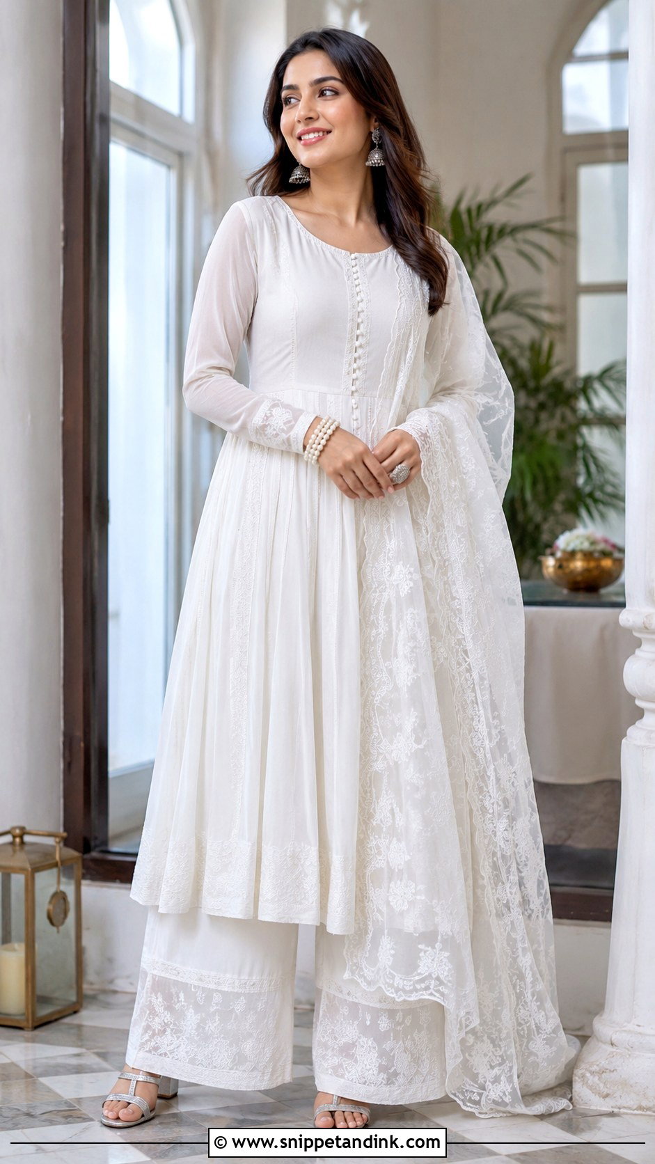 White Kaliyan Wala Frock Suit With Palazzo - Snippet and Ink - 25 Kaliyan Wala Frock Suit Ideas