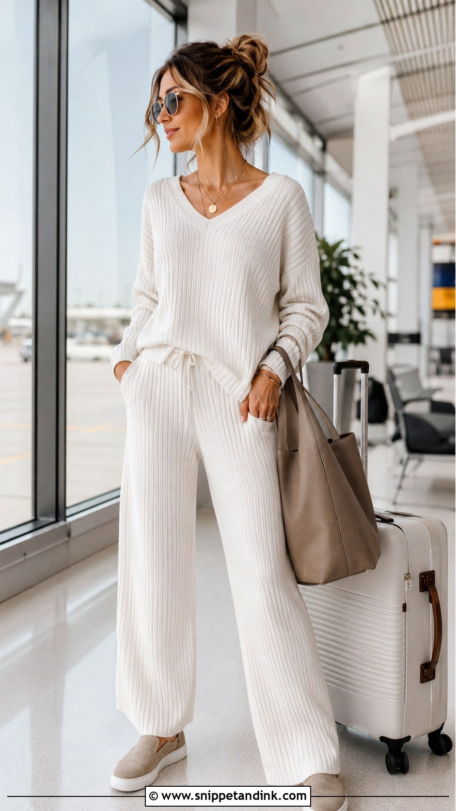 White Knit Set Bride Airport Outfit - Snippet and Ink - 20 Bride Airport Outfit Ideas