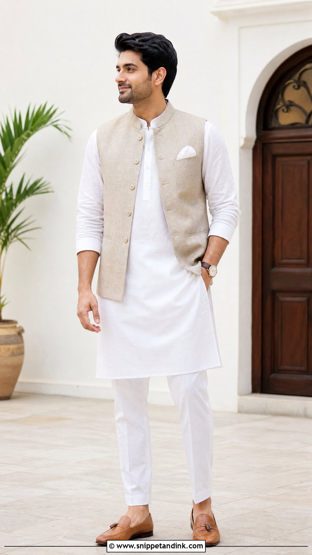 White Kurta And Beige Waistcoat Outfit - Snippet and Ink - 20 Virat Kohli Wedding Dress Ideas