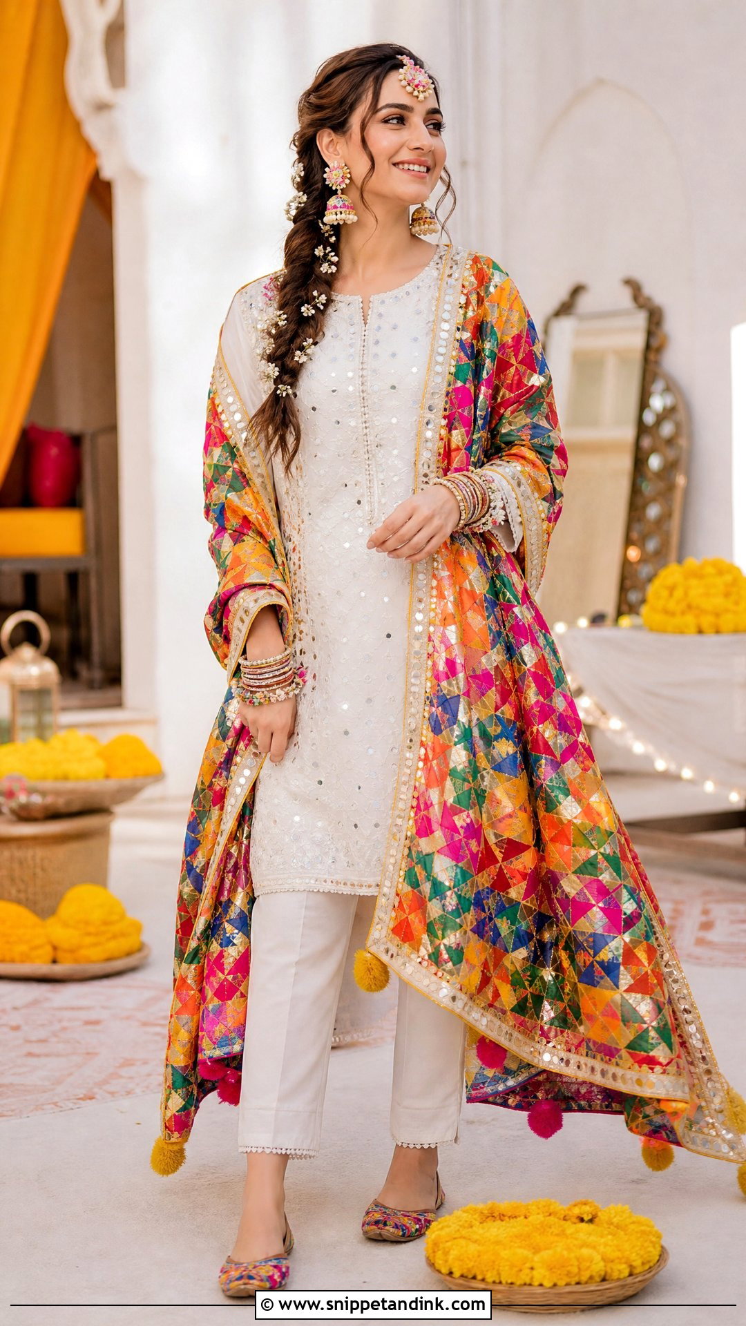 White Kurta And Colorful Dupatta Dholki Bridal Outfit - Snippet and Ink - 20 Dholki Outfit Bride Ideas