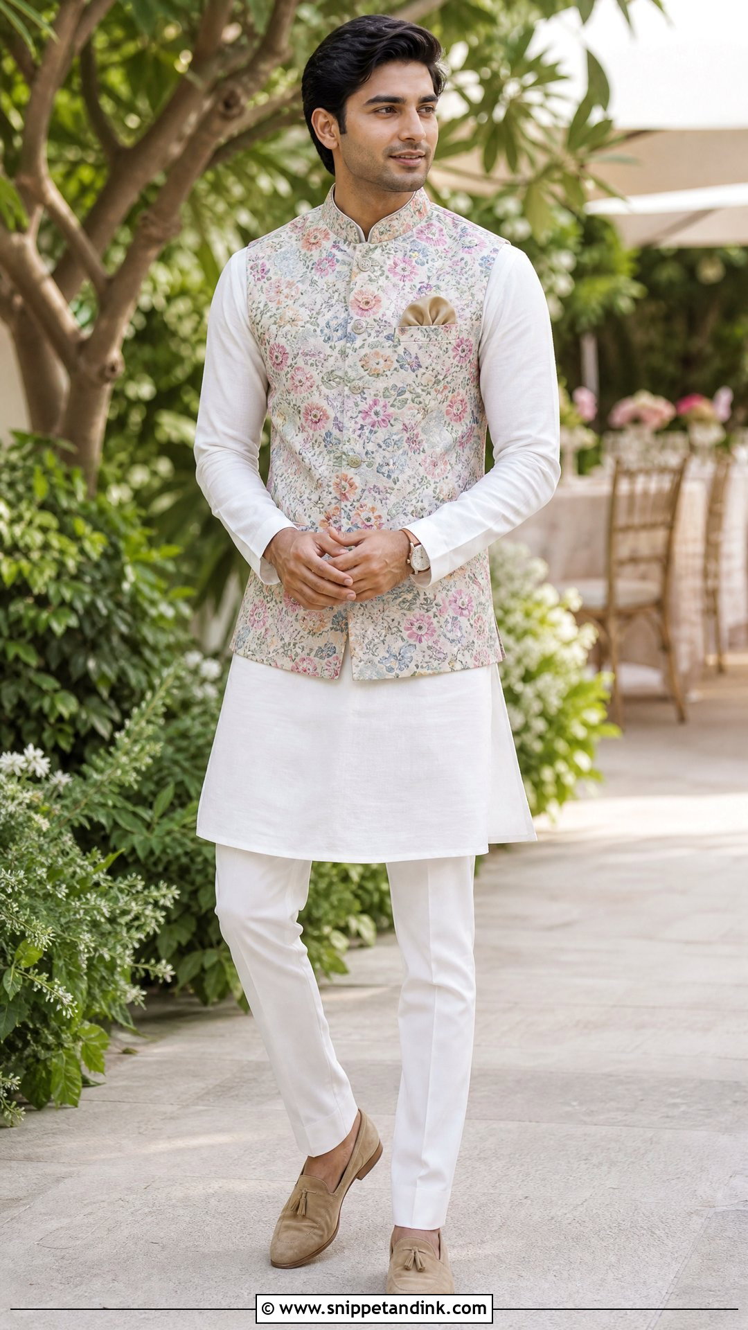 White Kurta And Floral Nehru Jacket Outfit - Snippet and Ink - 20 Virat Kohli Wedding Dress Ideas