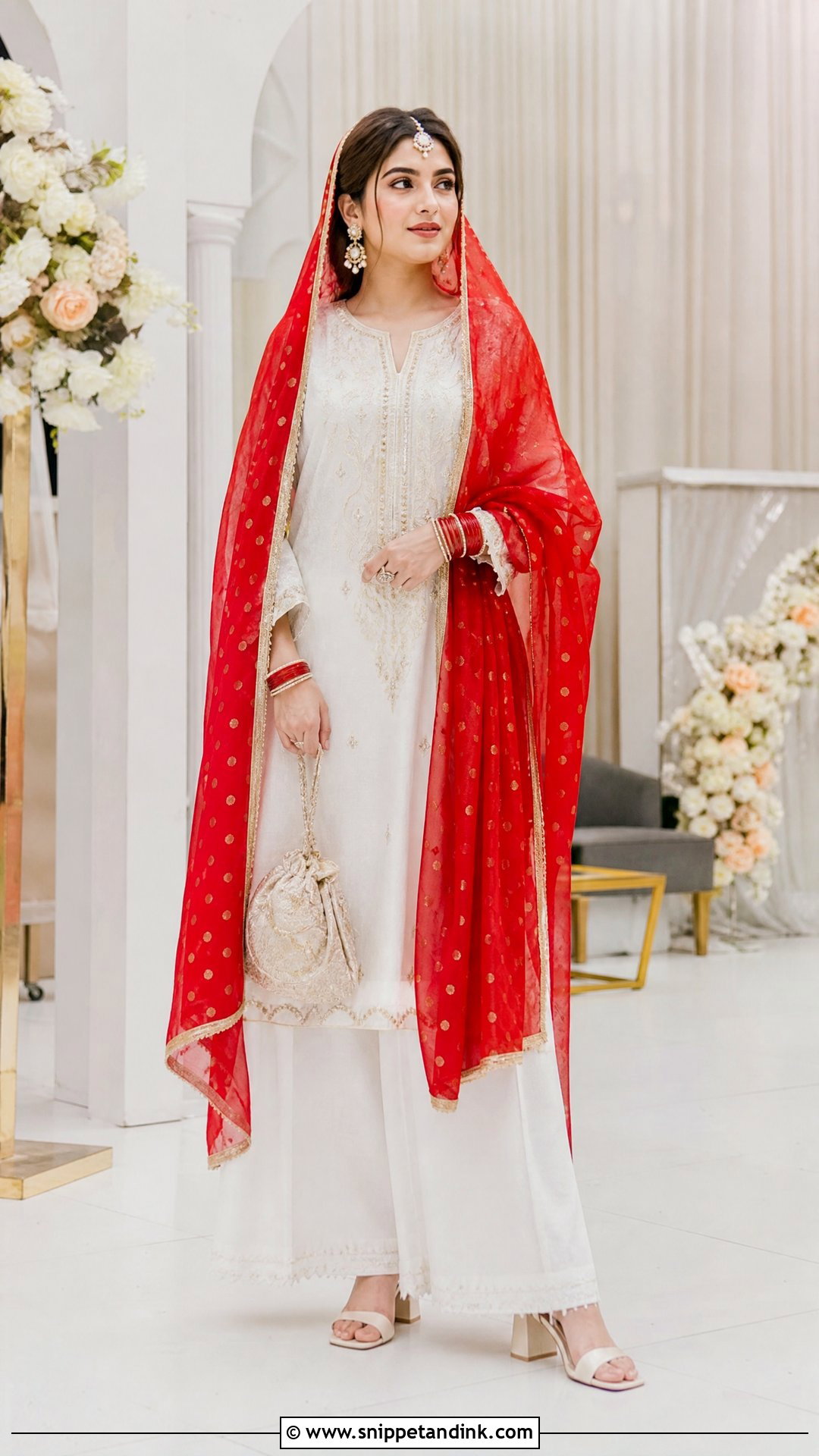 White Kurta And Palazzo With Red Dupatta - Snippet and Ink - 20 White Nikkah Dress with Red Dupatta Ideas