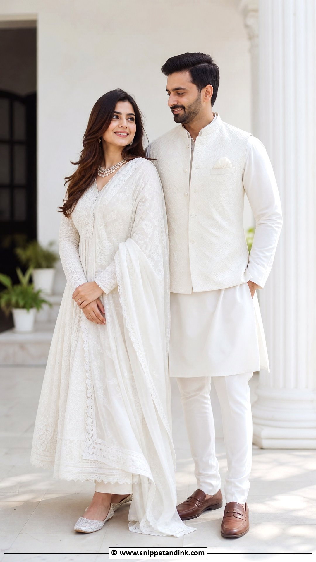 White Kurta And White Anarkali - Snippet and Ink - 35 Indian Couple Matching Dress Ideas