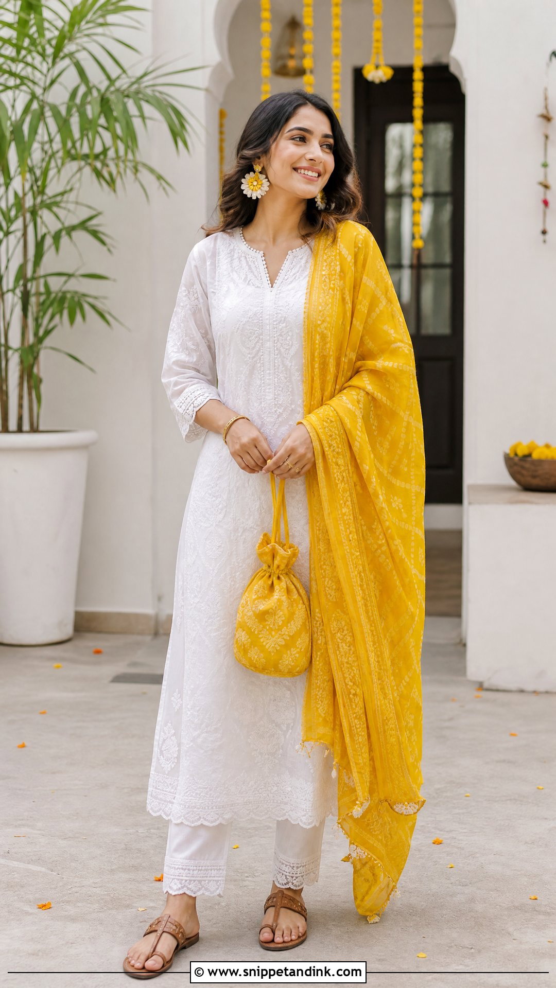 White Kurta And Yellow Dupatta Haldi Outfit - Snippet and Ink - 20 Women Haldi Outfit Ideas
