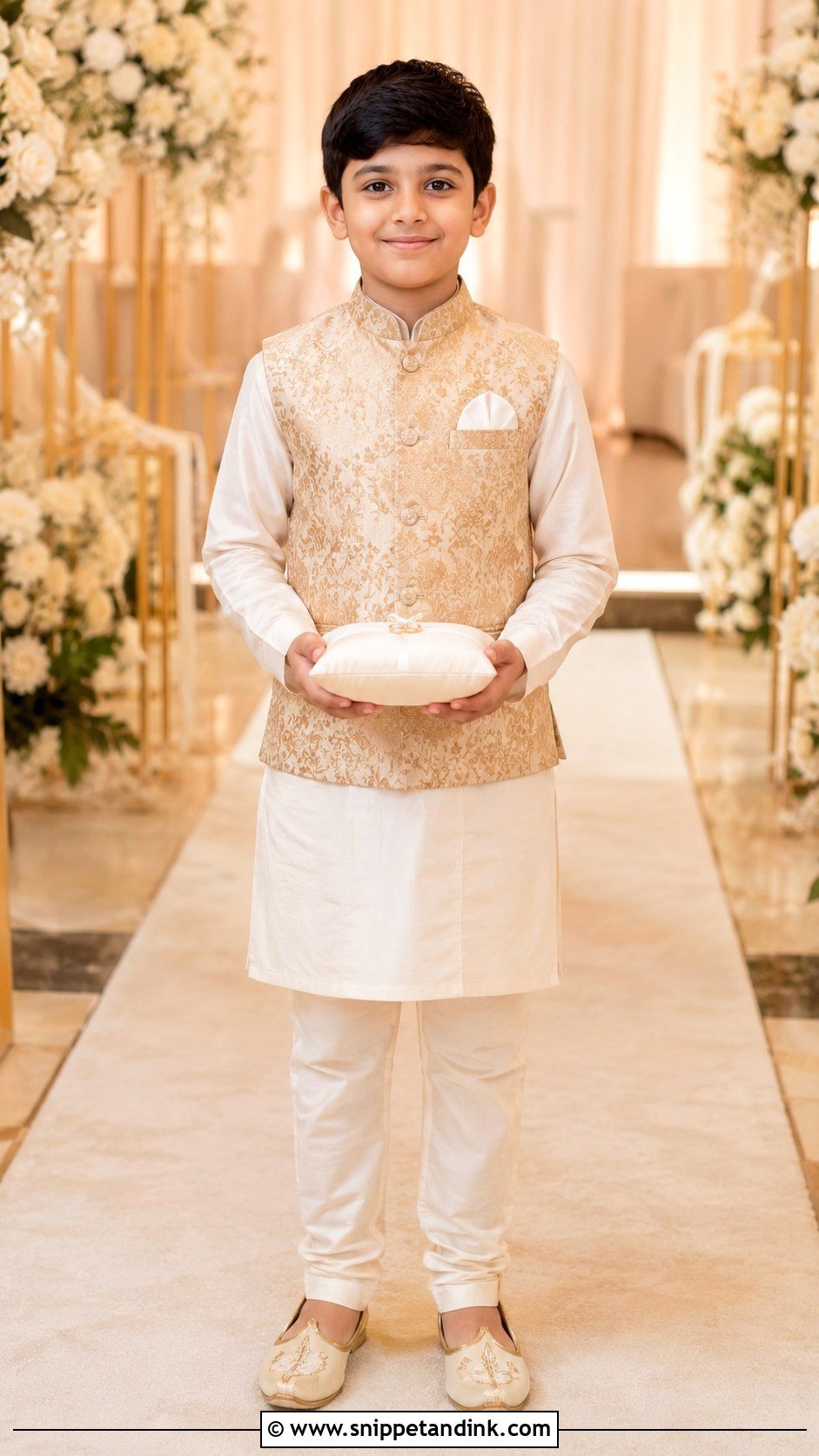 White Kurta Pajama With Gold Waistcoat - Snippet and Ink - 20 Kurta for Boys Wedding Ideas