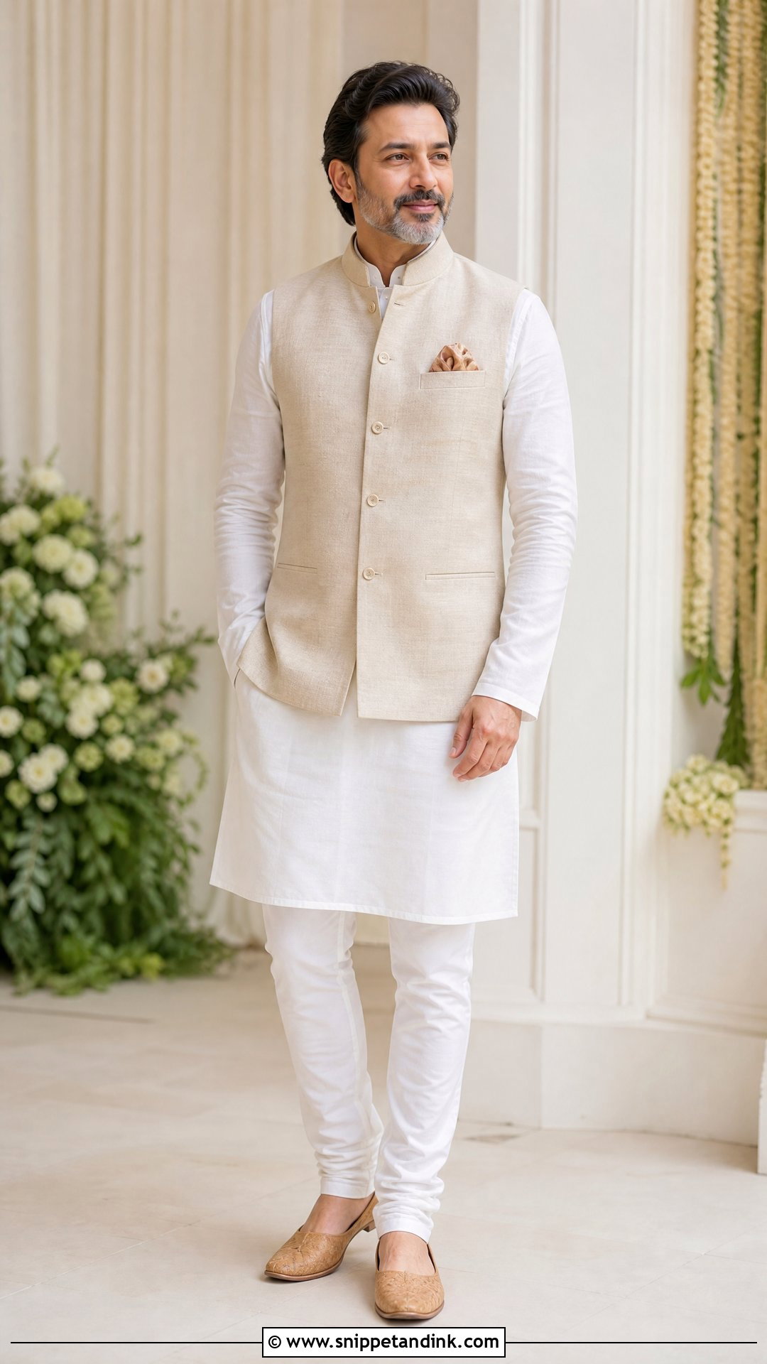 White Kurta Pajama With Nehru Jacket - Snippet and Ink - 25 Indian Bride Father Outfit Ideas