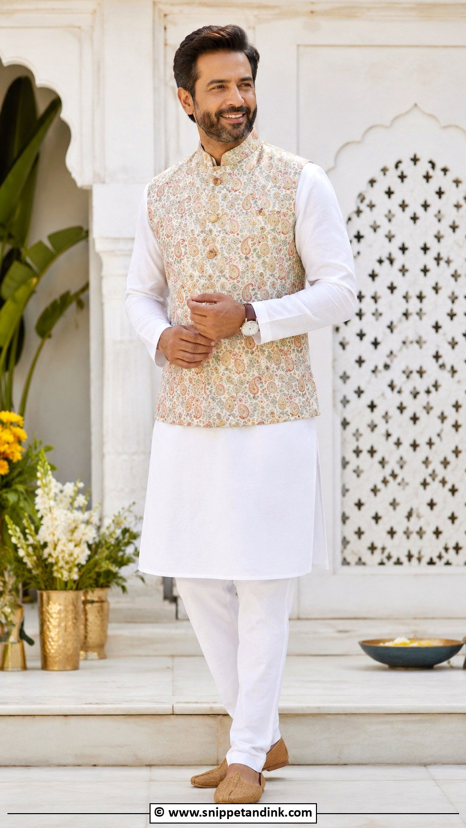 White Kurta Pajama With Printed Nehru Jacket - Snippet and Ink - 25 Indian Bride's Father Outfit Ideas
