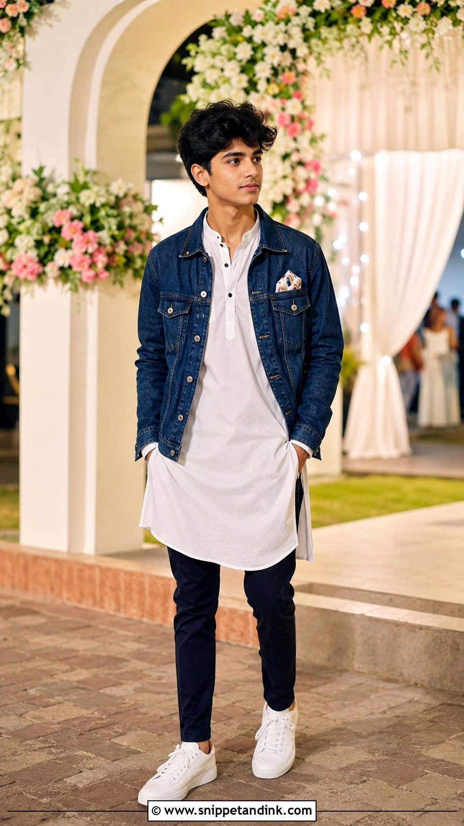 White Kurta With Blue Denim Jacket - Snippet and Ink - 20 Boys Sangeet Outfit Ideas
